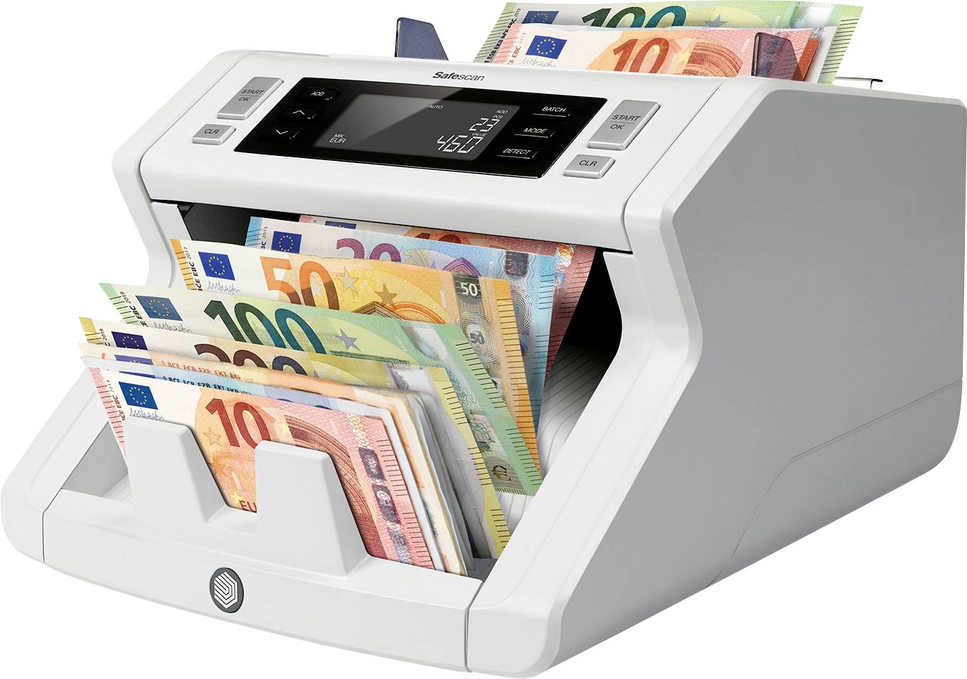 Ein Geldzählgerät zählt farbige Euro-Banknoten in verschiedenen Stückelungen. Ein Display zeigt '46' an.