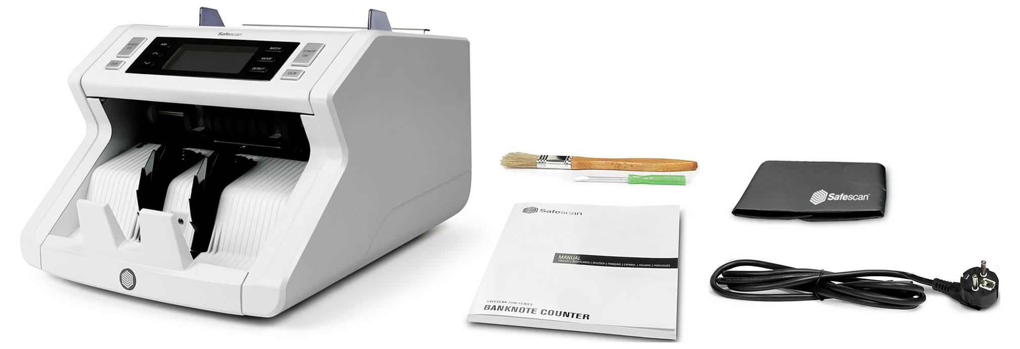 Geldzählmaschine zusammen mit einem Pinsel, Reinigungsstift, Bedienungsanleitung, Kabel und Stecker.