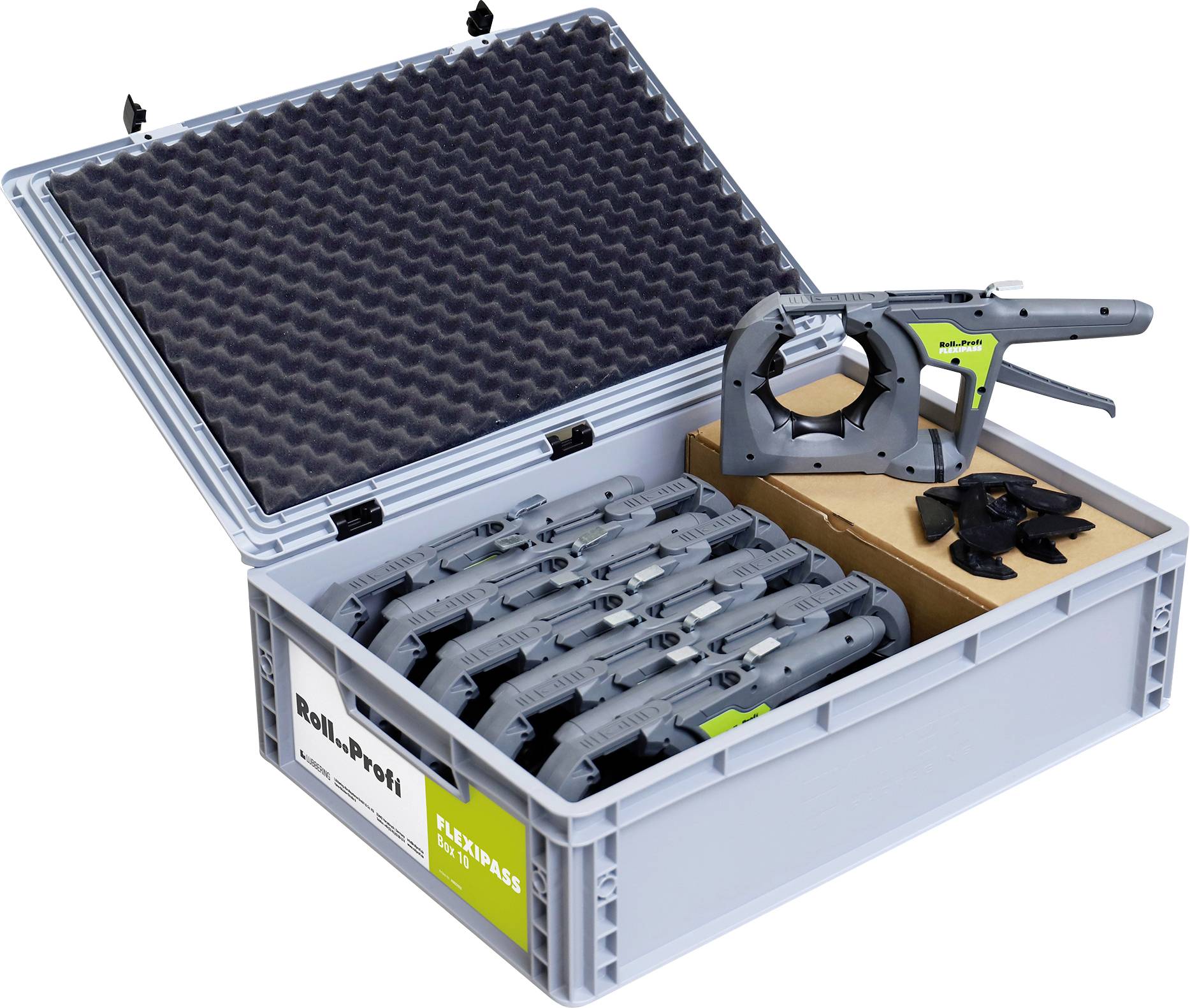 Offene Box mit mehreren Grautönerpistolen und Zubehör. Hauptpistole rechts oben in der Box platziert.