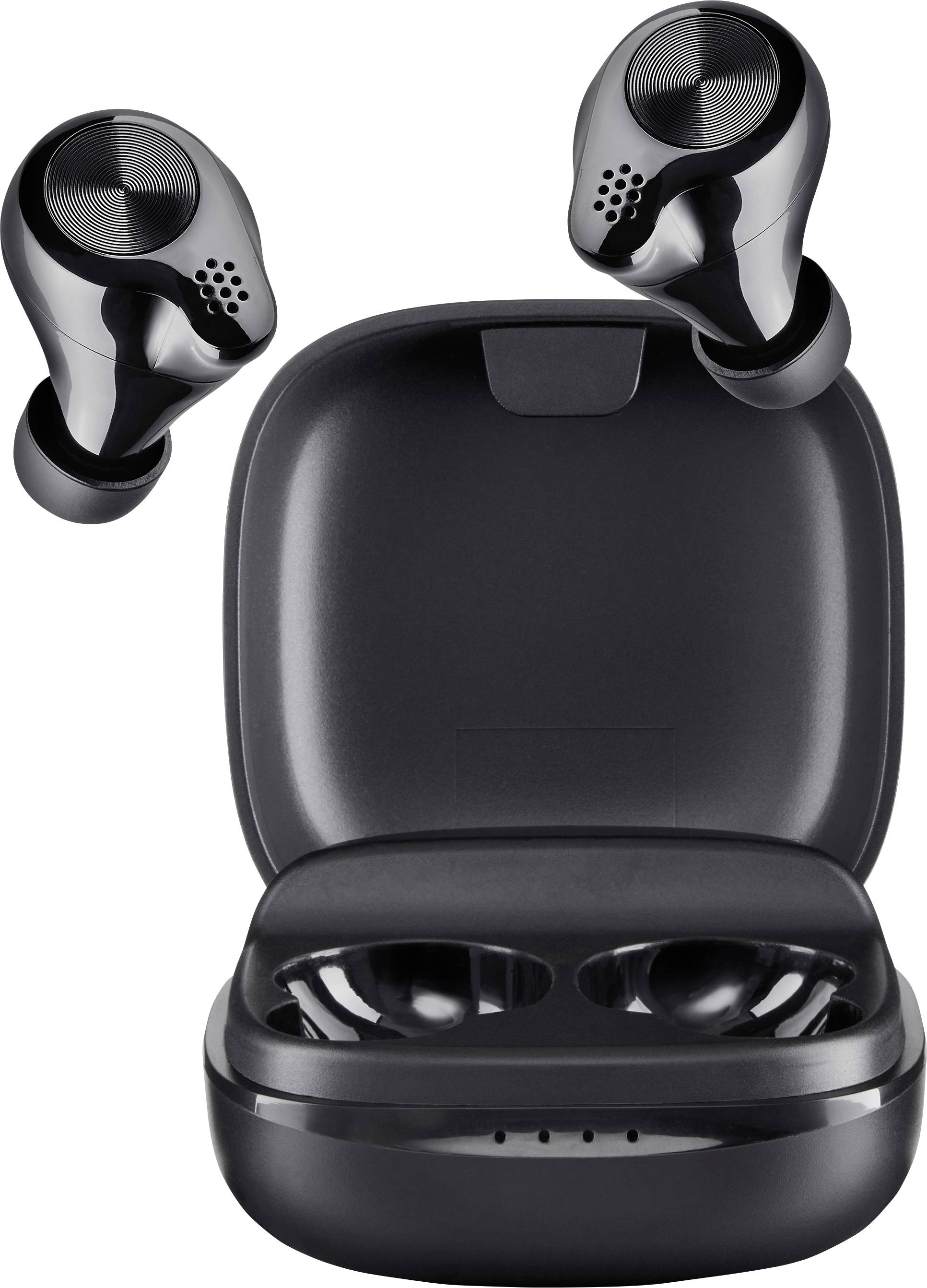 Kabellose Ohrhörer in Schwarz, die in einem geöffneten Ladeetui präsentiert werden. Die Ohrhörer haben ein modernes Design.