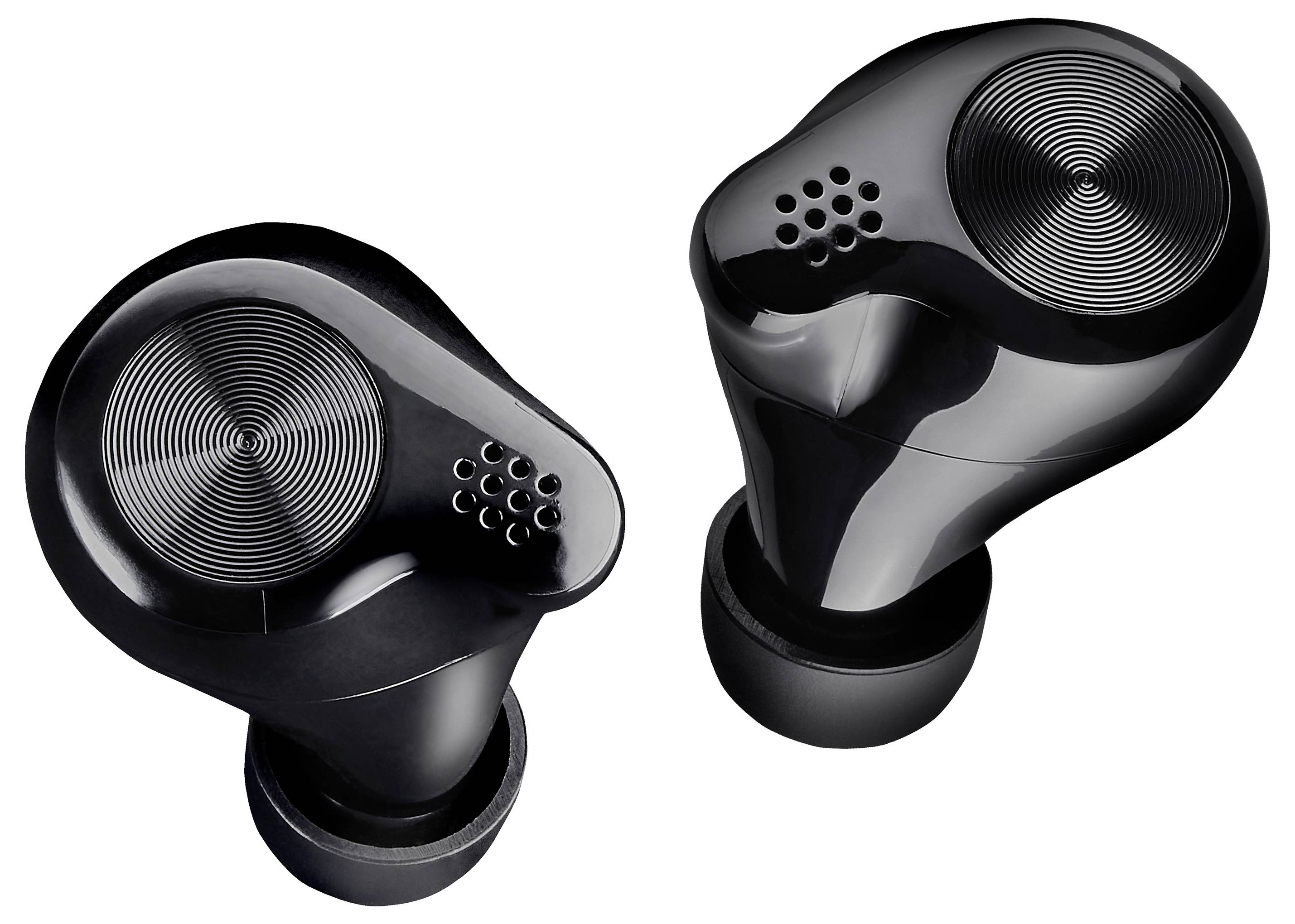 Zwei schwarze kabellose Ohrhörer in Nahaufnahme. Sie haben ein modernes, glänzendes Design und sind symmetrisch angeordnet.