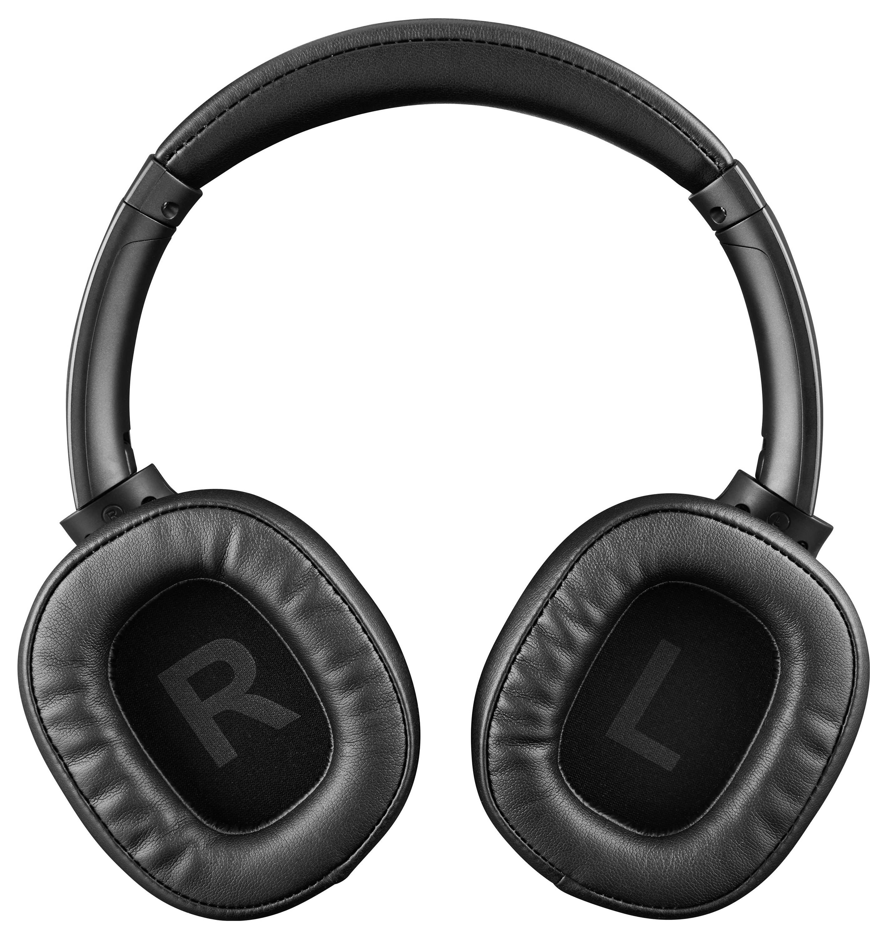 Schwarze Over-Ear-Kopfhörer aus Lederimitat, zeigen die Buchstaben 'R' und 'L' auf den Ohrmuscheln zur Kennzeichnung rechts und links.