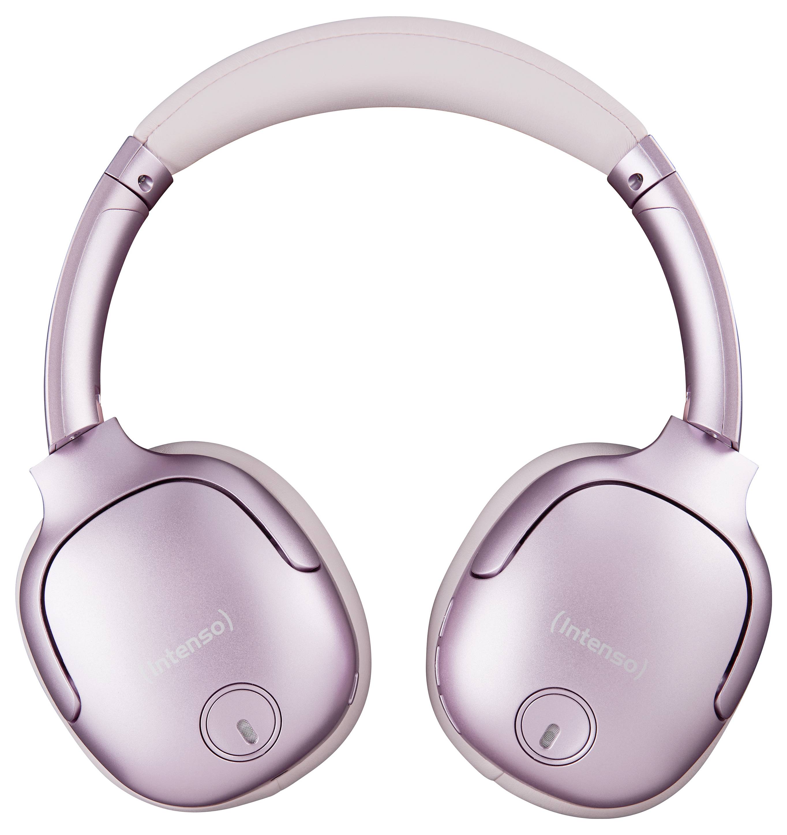 Rosa Over-Ear-Kopfhörer mit weichen Ohrpolstern und verstellbarem Bügel. Rechts und links befinden sich Bedienknöpfe.