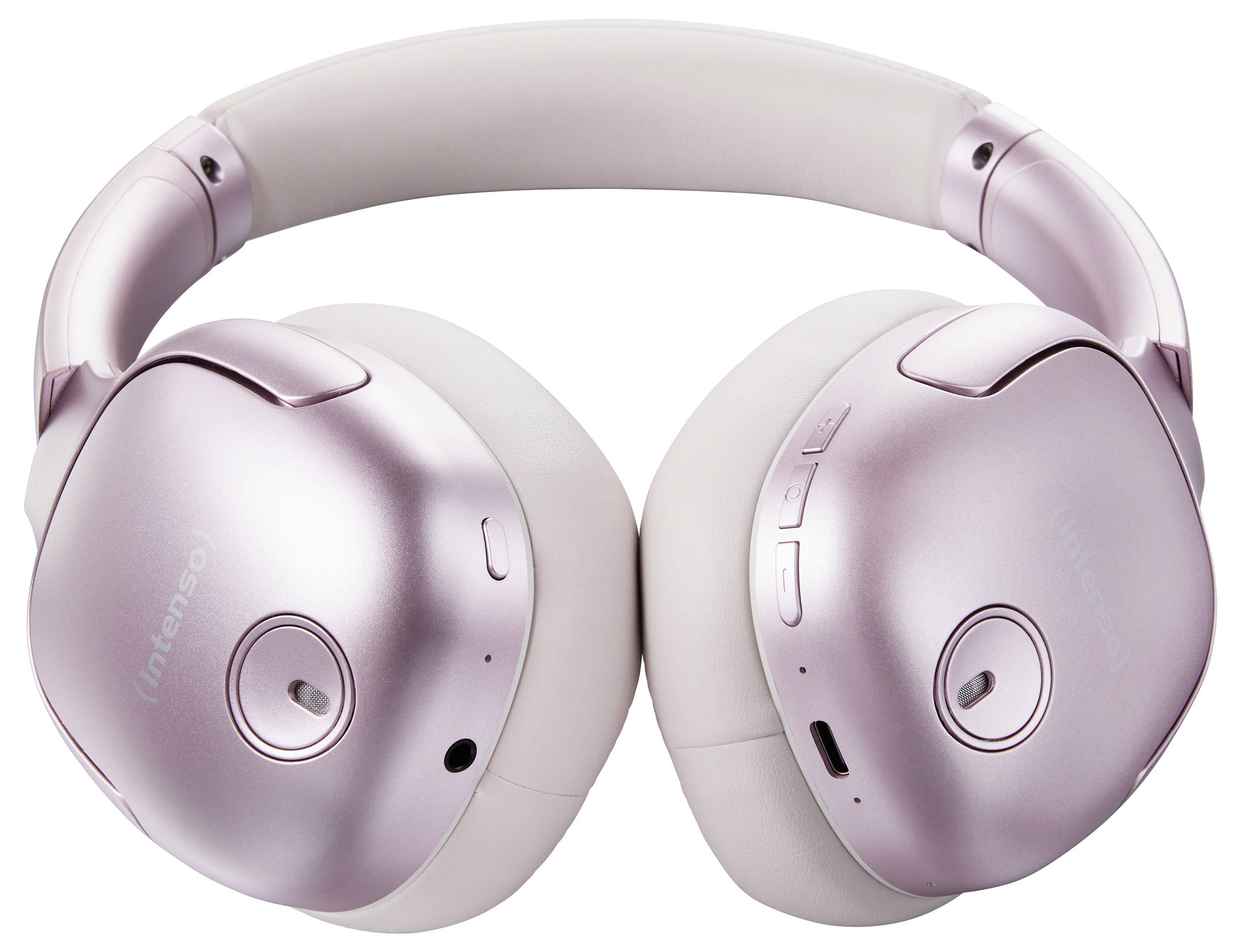 Rosa Over-Ear-Kopfhörer mit polierter Oberfläche, Ohrpolster in Weiß. Bedienungsknöpfe und Markenname 'Intenso' auf den Hörmuscheln.
