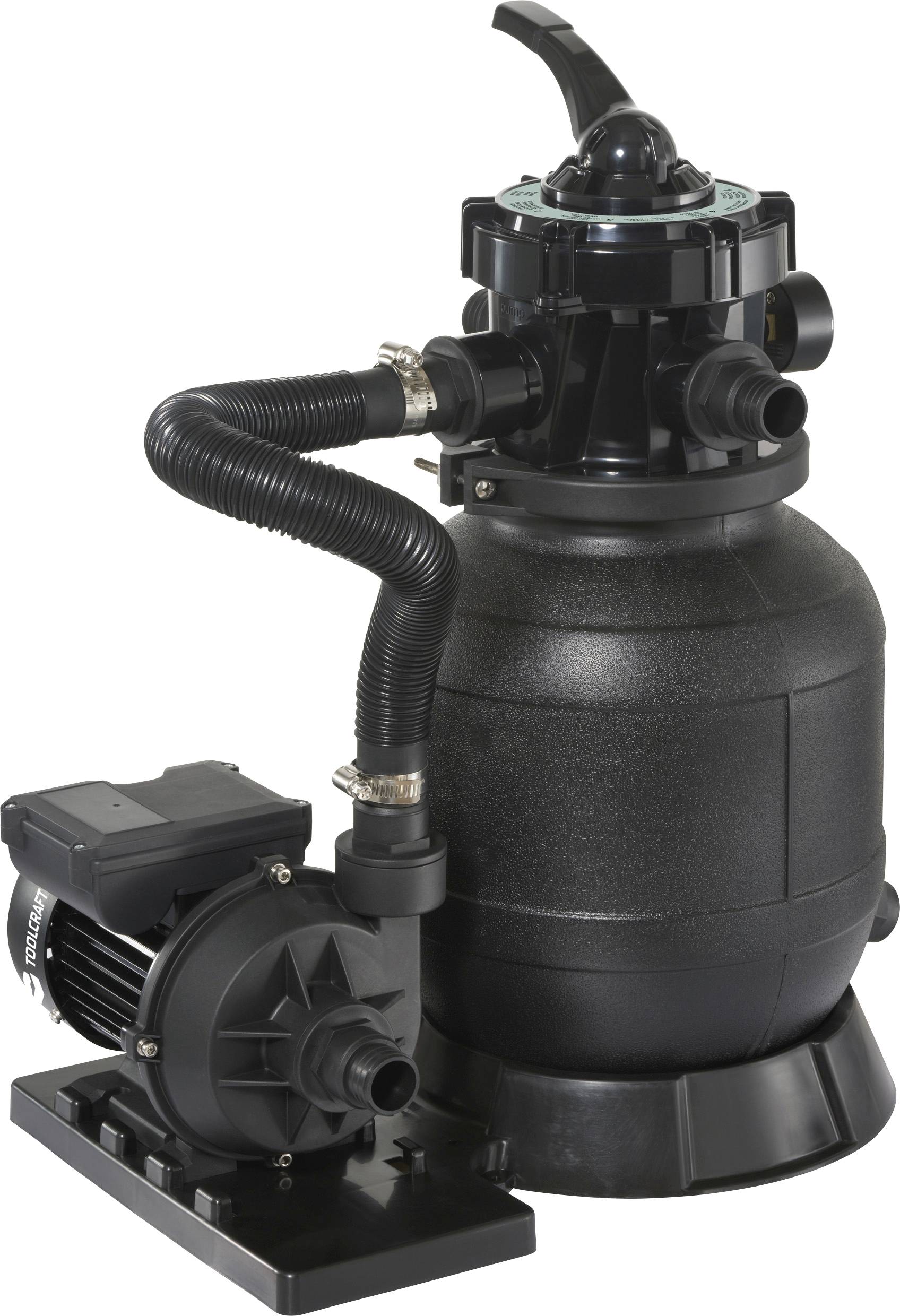 Bild zeigt eine schwarze Sandfilteranlage mit Pumpe und Schläuchen, geeignet für Schwimmbad- oder Teichwasserreinigung.
