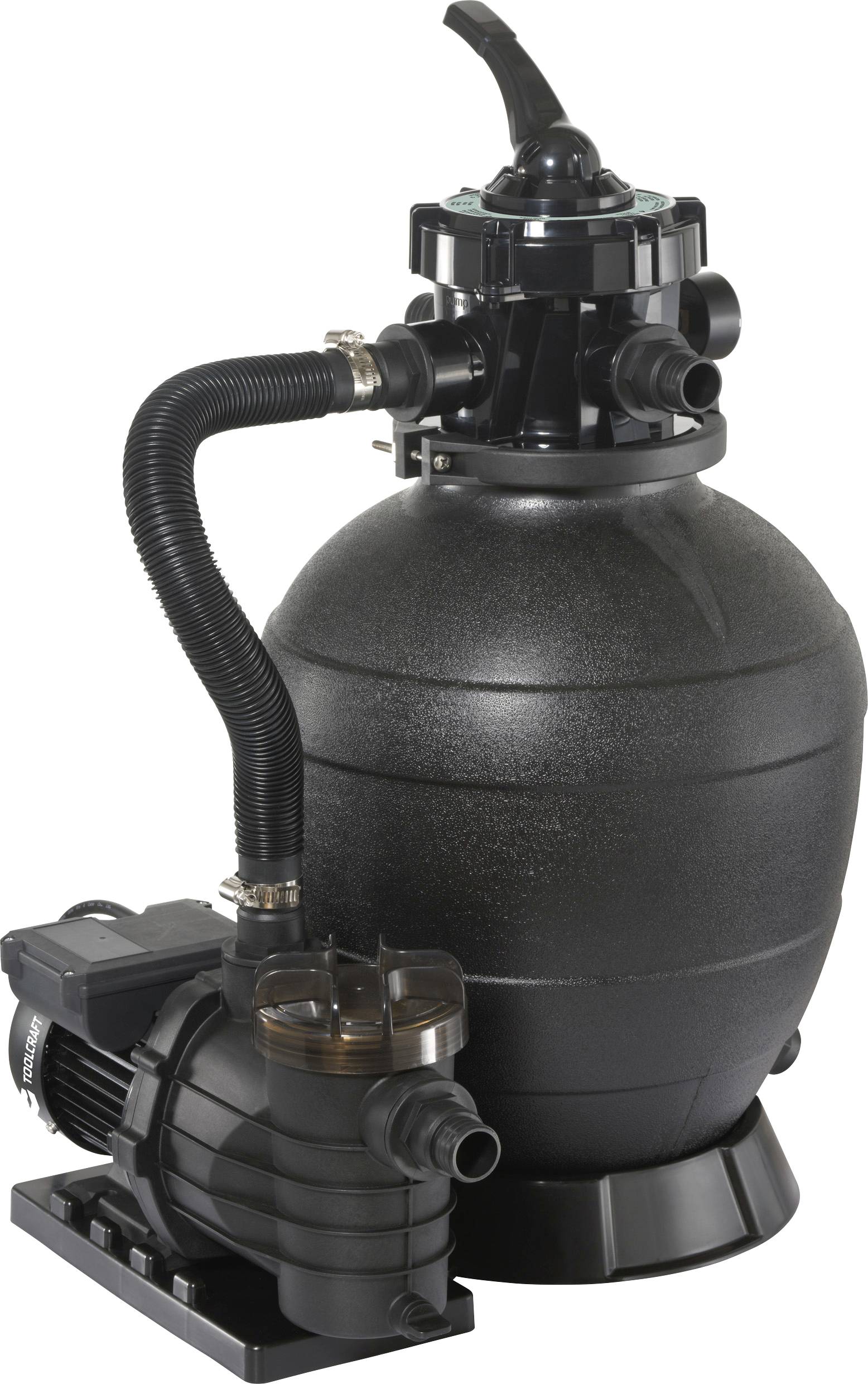 Schwarzer Sandfilter mit Pumpe für Poolreinigung, zeigt Schläuche und Anschlüsse zur Filterung und Zirkulation von Wasser.
