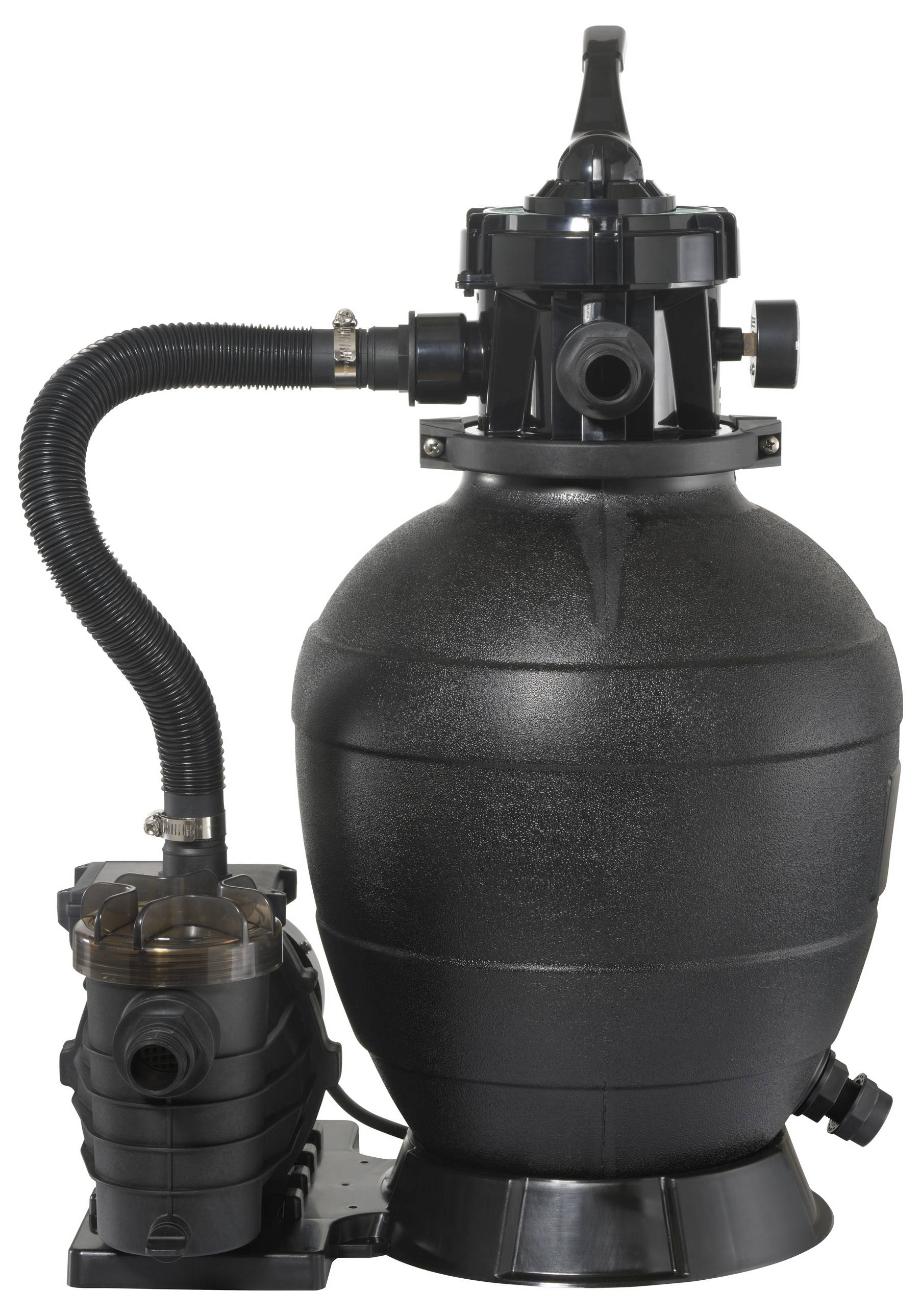 Schwarzer Sandfilter für Schwimmbäder, bestehend aus einem großen, kugelförmigen Behälter und angeschlossenen PVC-Rohren.