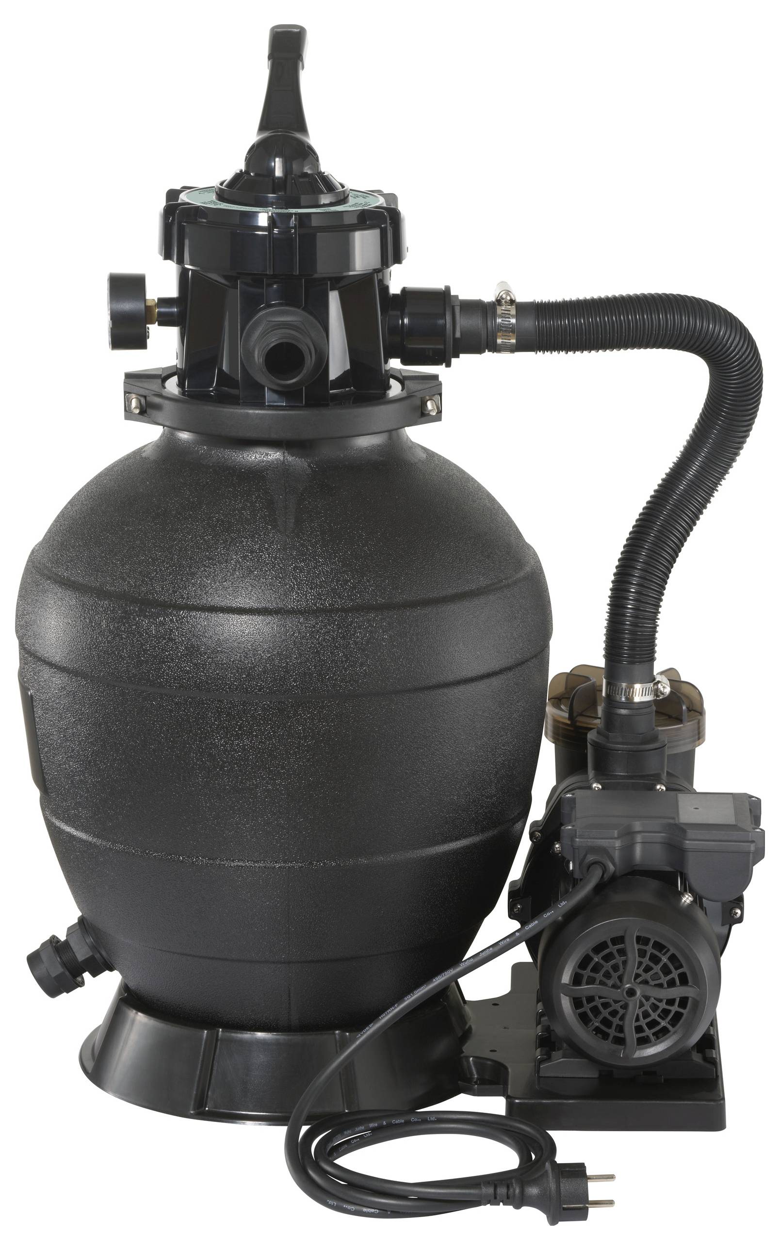 'Schwarzer Poolfilter und Pumpe', bestehend aus einem kugelförmigen Filter mit mehreren Ventilen und einer angeschlossenen Pumpe mit Netzkabel.