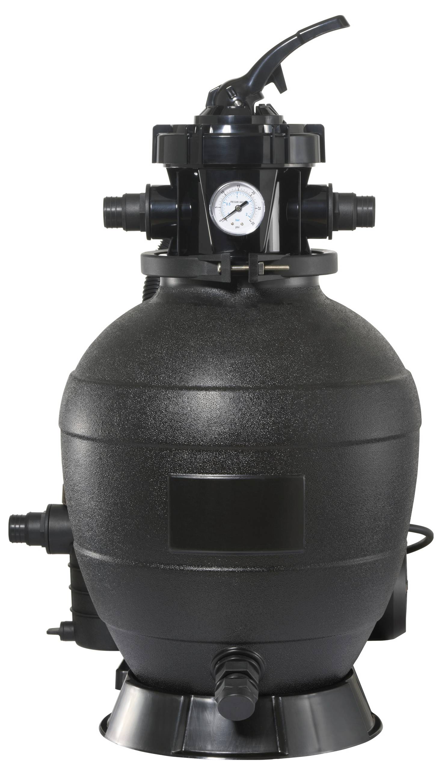 Schwarzer Sandfilter für Poolreinigung, mit Druckanzeige oben, mehrere Anschlussventile, kompakte Kugelform.