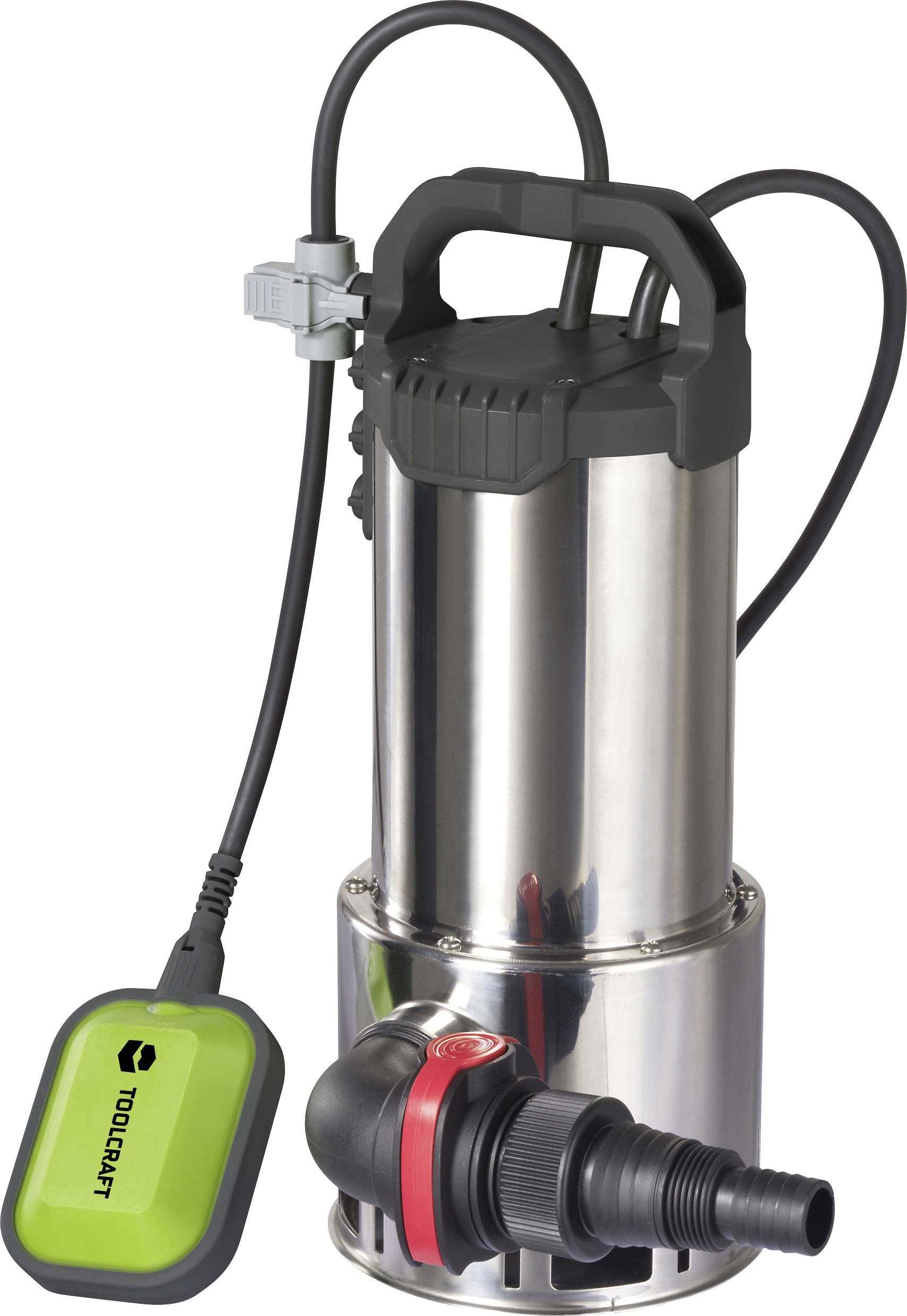 Tauchpumpe aus Edelstahl mit schwarzem Griff und grünem Schwimmerschalter. Geeignet für den Wassertransfer.