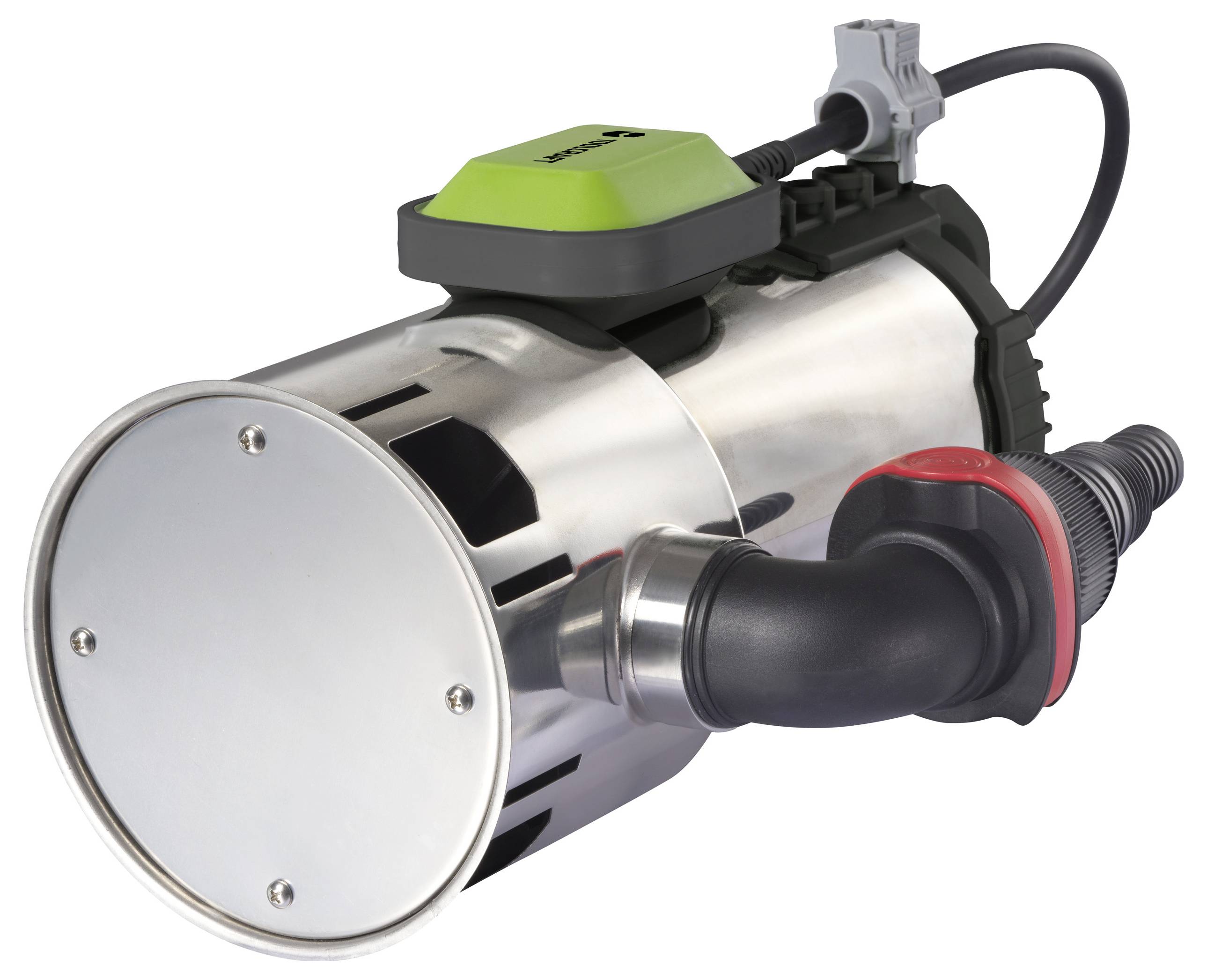 Metallische Pumpe mit grünem und schwarzem Gehäuse, angeschlossen an ein graues Kabel. Verwendet in Industrieanwendungen.