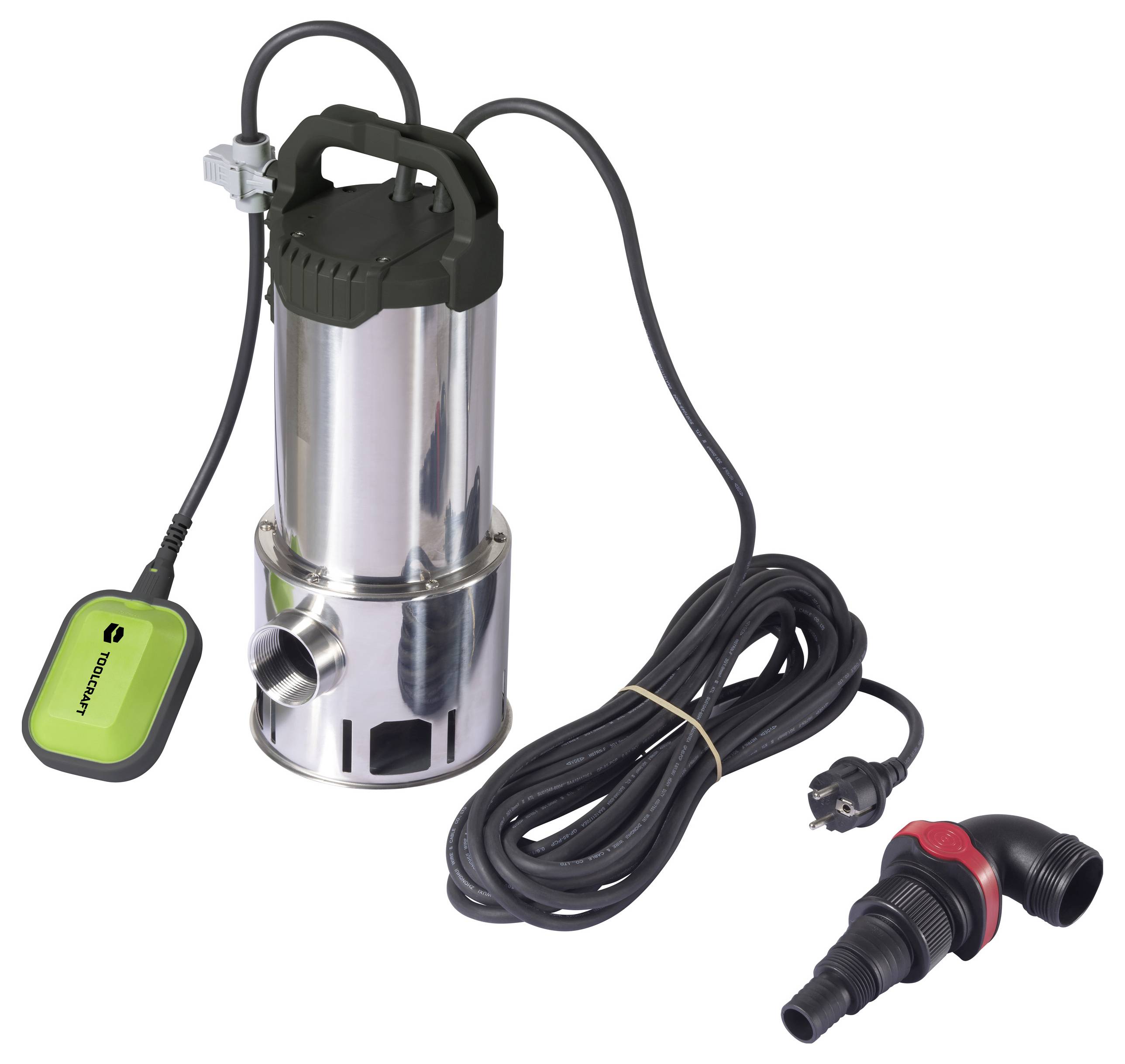 Eine silberne Tauchpumpe mit einem schwarzen Griff und Kabel. Daneben liegt ein grünes Schwimmerschalter und ein Schlauchanschluss.