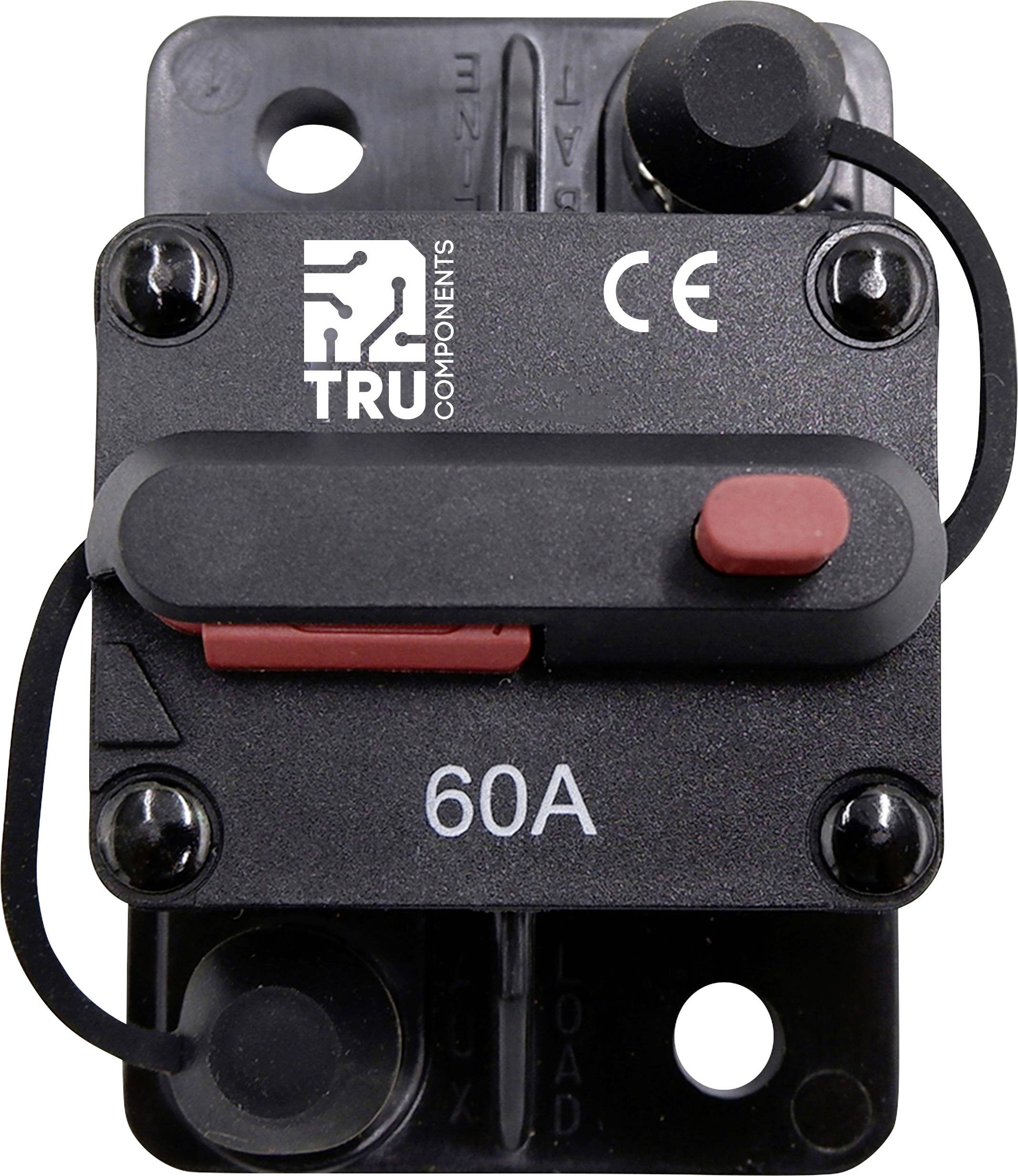 Ein schwarzer 60A-Sicherungshalter von TRU Components mit rotem Schalter, CE-Kennzeichnung und zwei Anschlussklemmen.