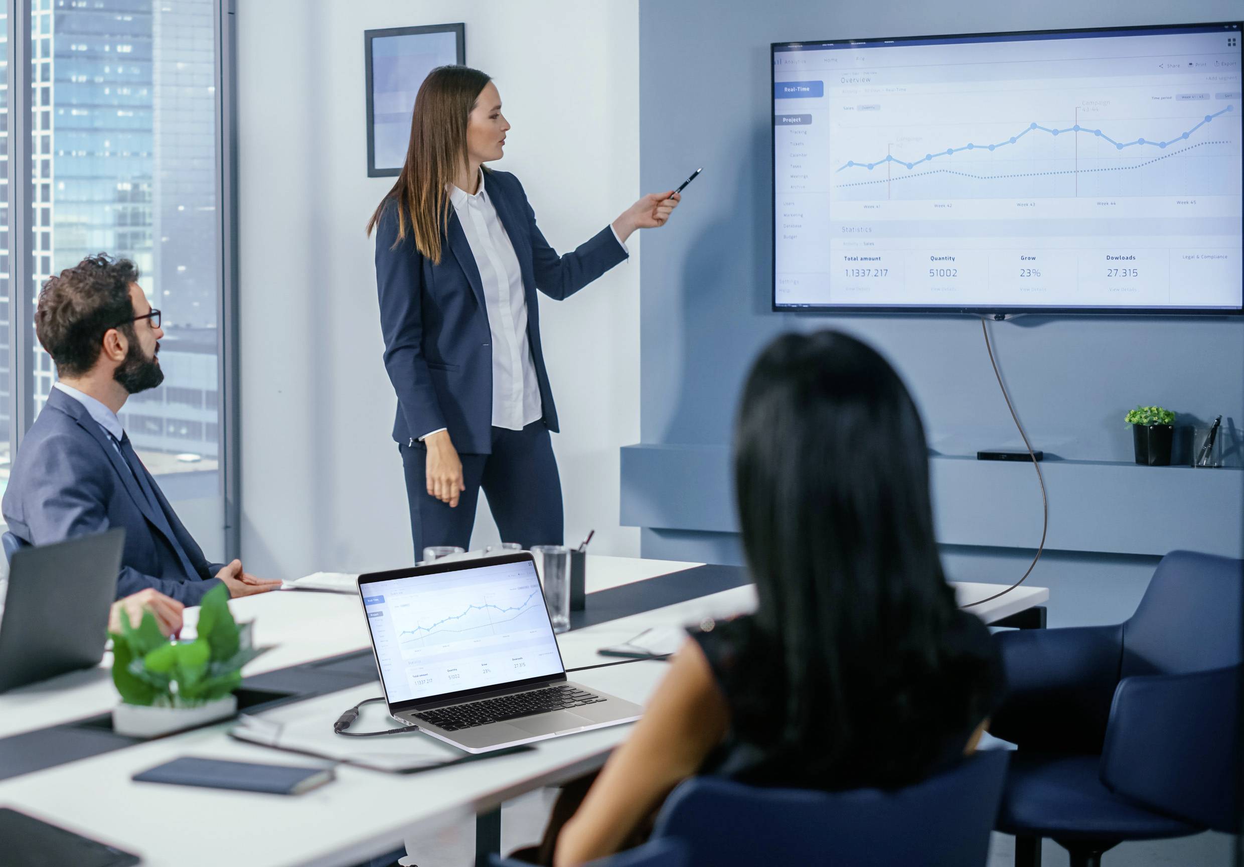 Frau präsentiert Daten auf Bildschirm in Büro. Zwei Personen hören zu, Laptops geöffnet. Liniengrafik zeigt steigenden Trend.