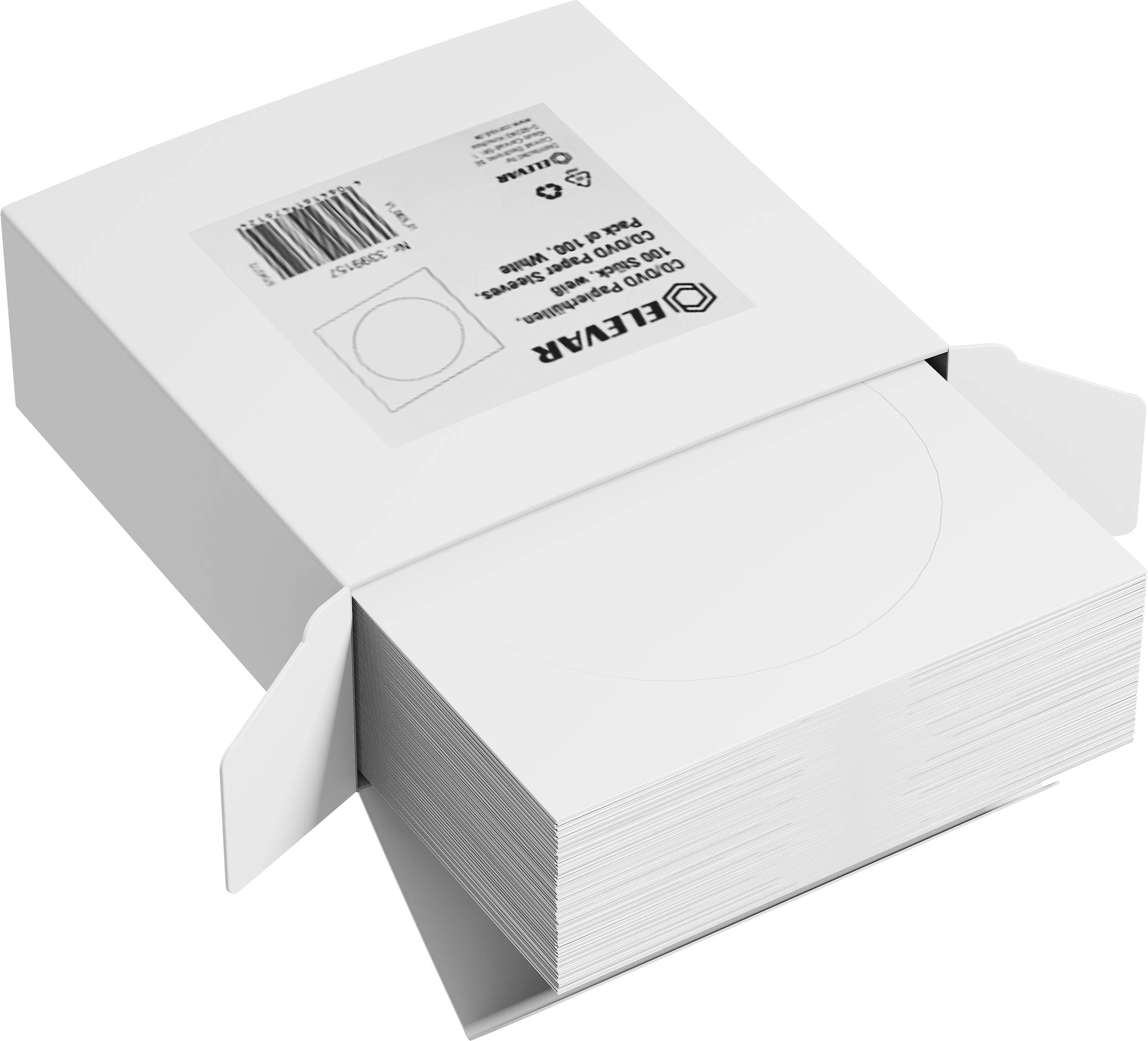 Stapel leerer, runder Klebeetiketten auf rechteckigen Bögen, teilweise aus einer schlichten weißen Verpackungsbox mit Strichcode und Markenlogo herausgeschoben.
