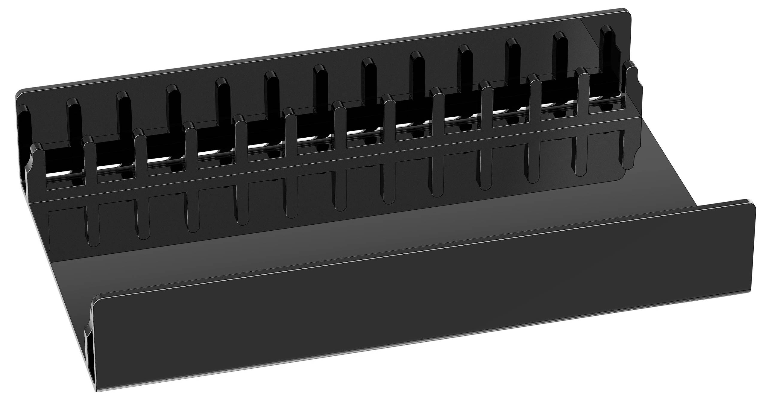 Ein schwarzer Plastikständer mit Schlitzen, der zum Organisieren und Aufbewahren mehrerer gestapelter Gegenstände wie Ordner oder Dokumente entwickelt wurde.