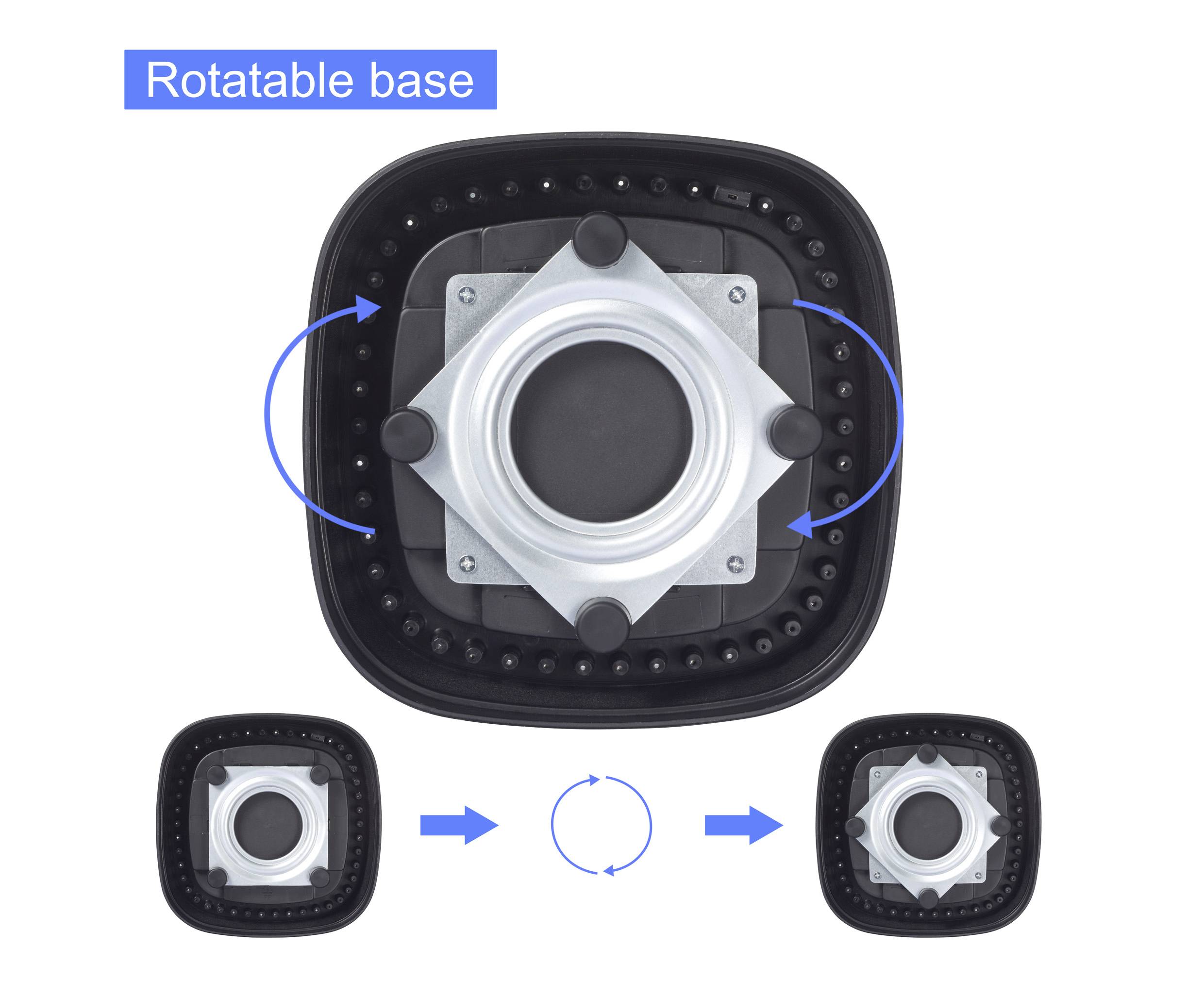 Quadratische drehbare Basis in drei Bildern dargestellt. Mittleres Bild zeigt Pfeile, die ihre Drehfähigkeit andeuten.