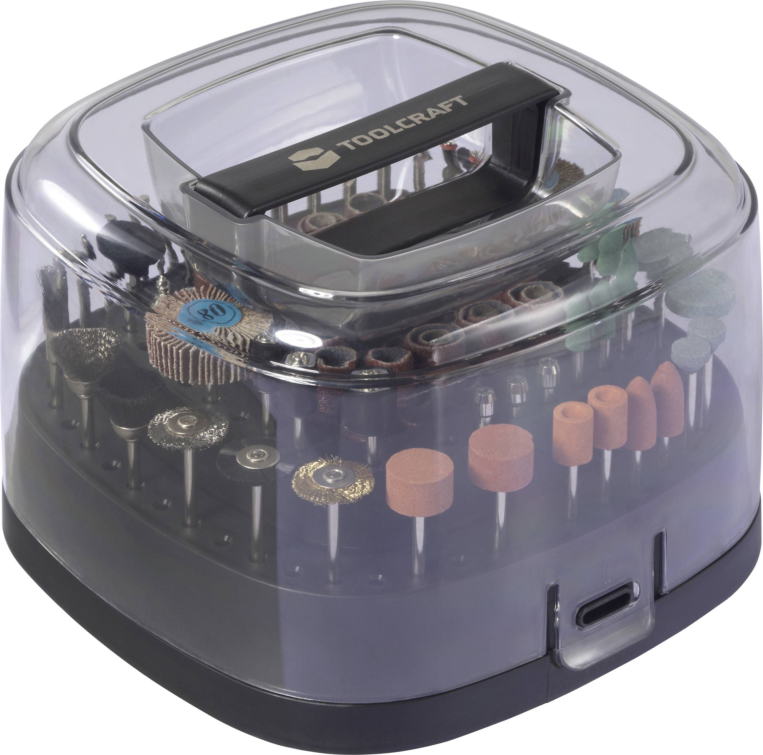 Ein kompaktes Etui mit verschiedenen Zubehörteilen für Rotationswerkzeuge, einschließlich Schleifsteinen, Schleifscheiben und Polierrädern, übersichtlich geordnet.