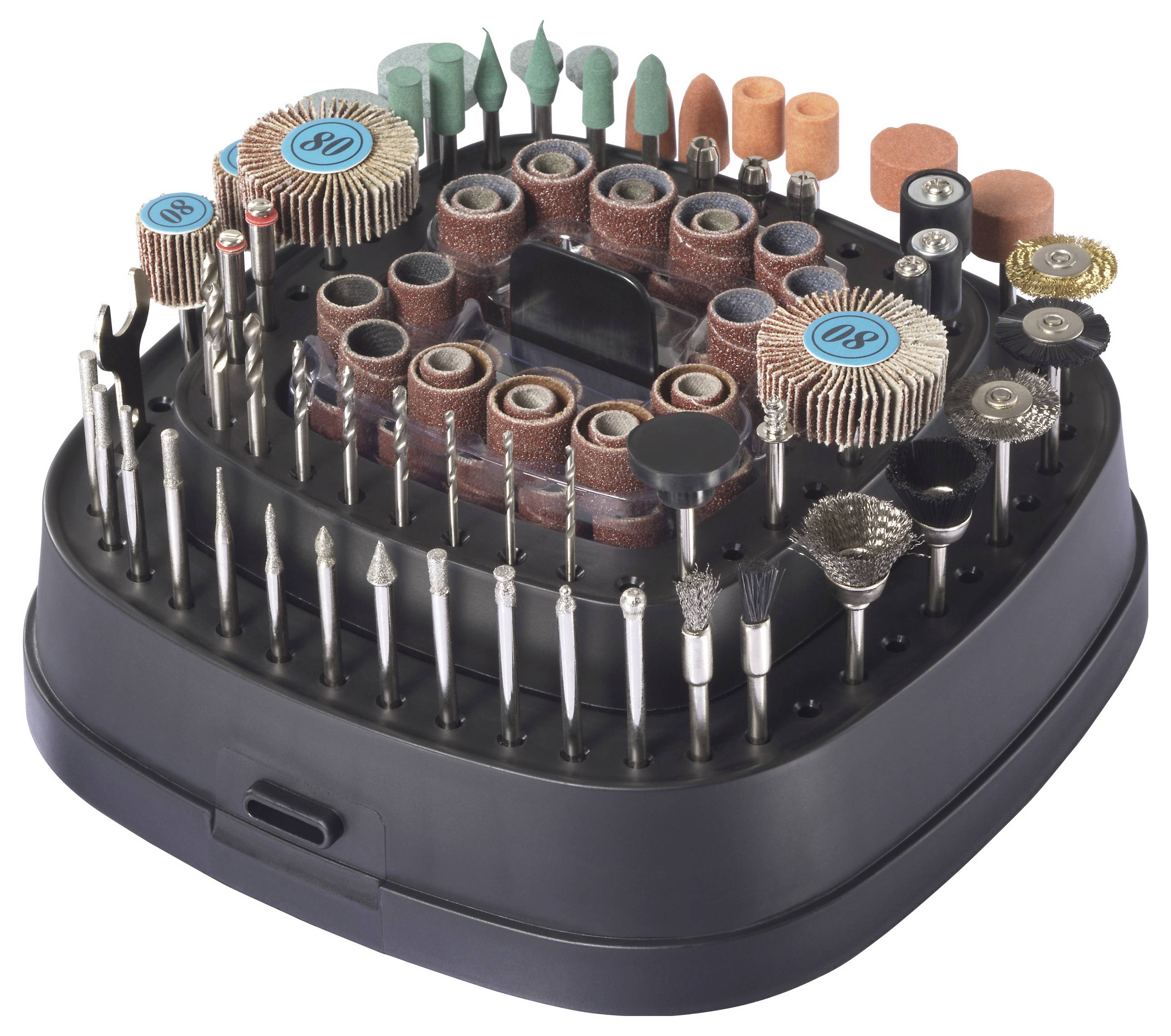 Ein schwarzer Organizer, der verschiedene Werkzeugbits und Zubehörteile enthält, darunter Schleifscheiben, Polierpads und Schleifspitzen, die ordentlich in Reihen angeordnet sind.