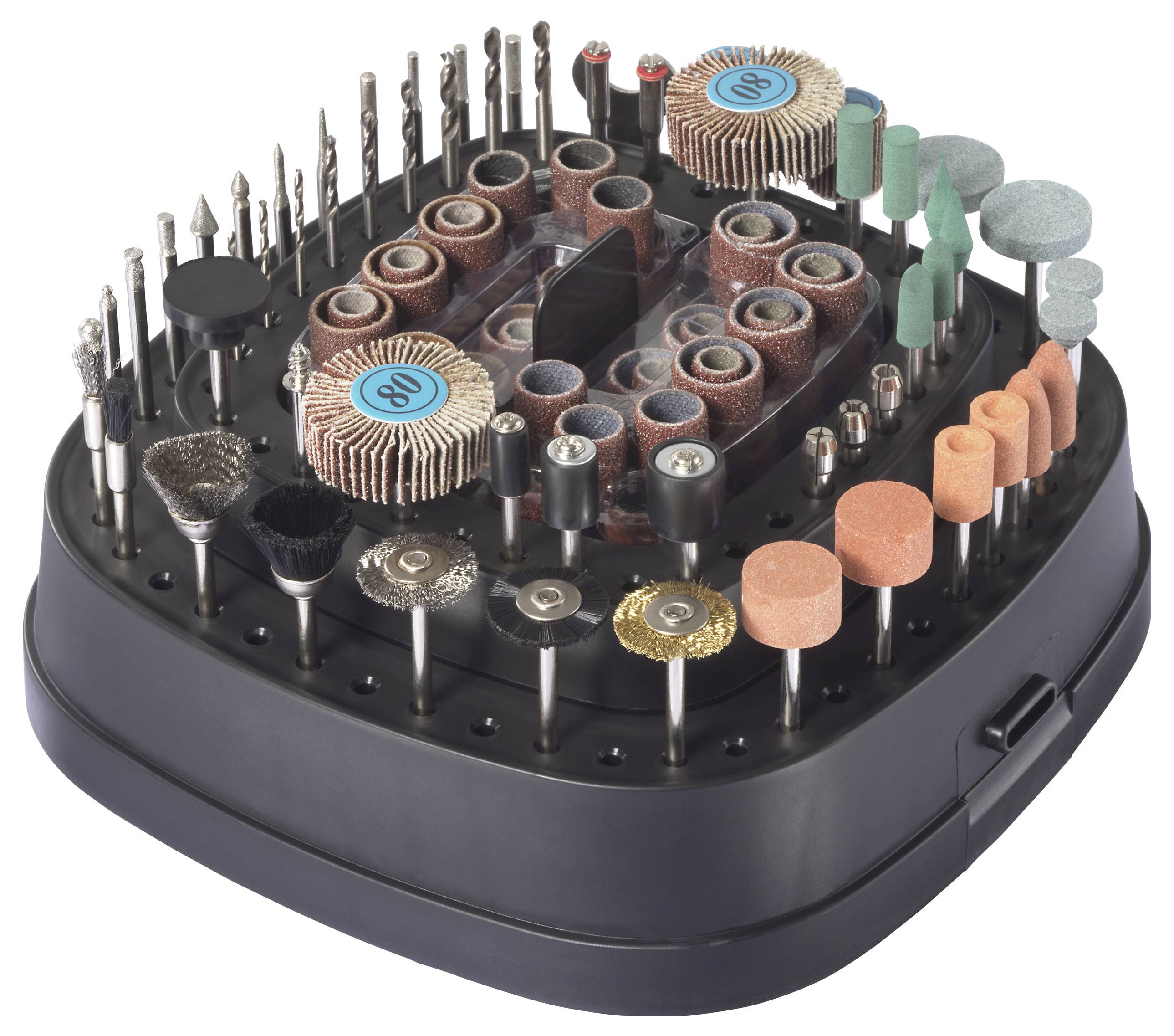 Ein schwarzer Koffer mit verschiedenen Zubehörteilen für Rotationswerkzeuge, darunter unterschiedliche Schleifsteine, Polierbürsten und Schleifscheiben.