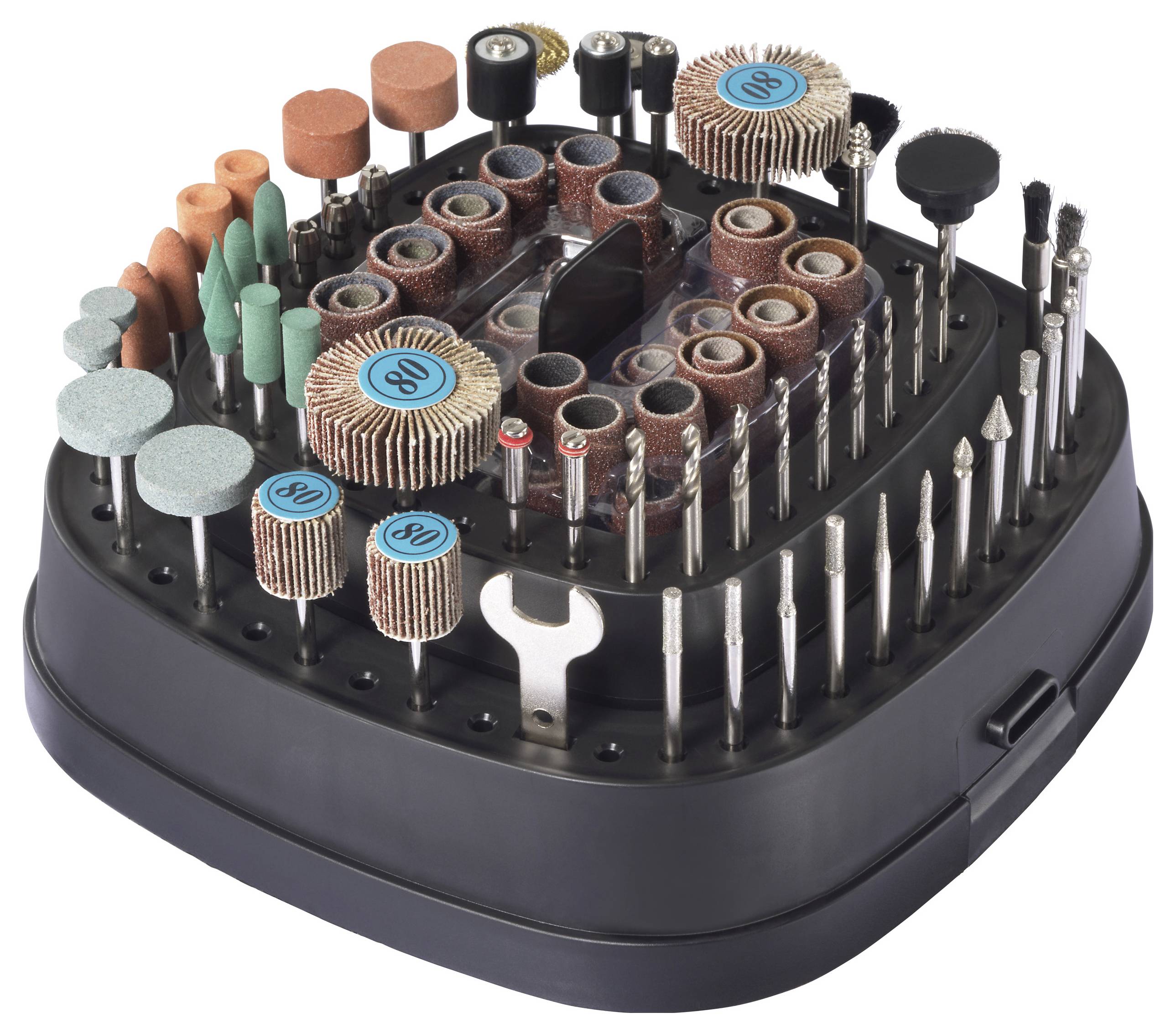 Ein Werkzeugsatz mit verschiedenen Schleif- und Poliervorsätzen in unterschiedlichen Formen und Größen, angeordnet auf einer schwarzen Kreisbasis.