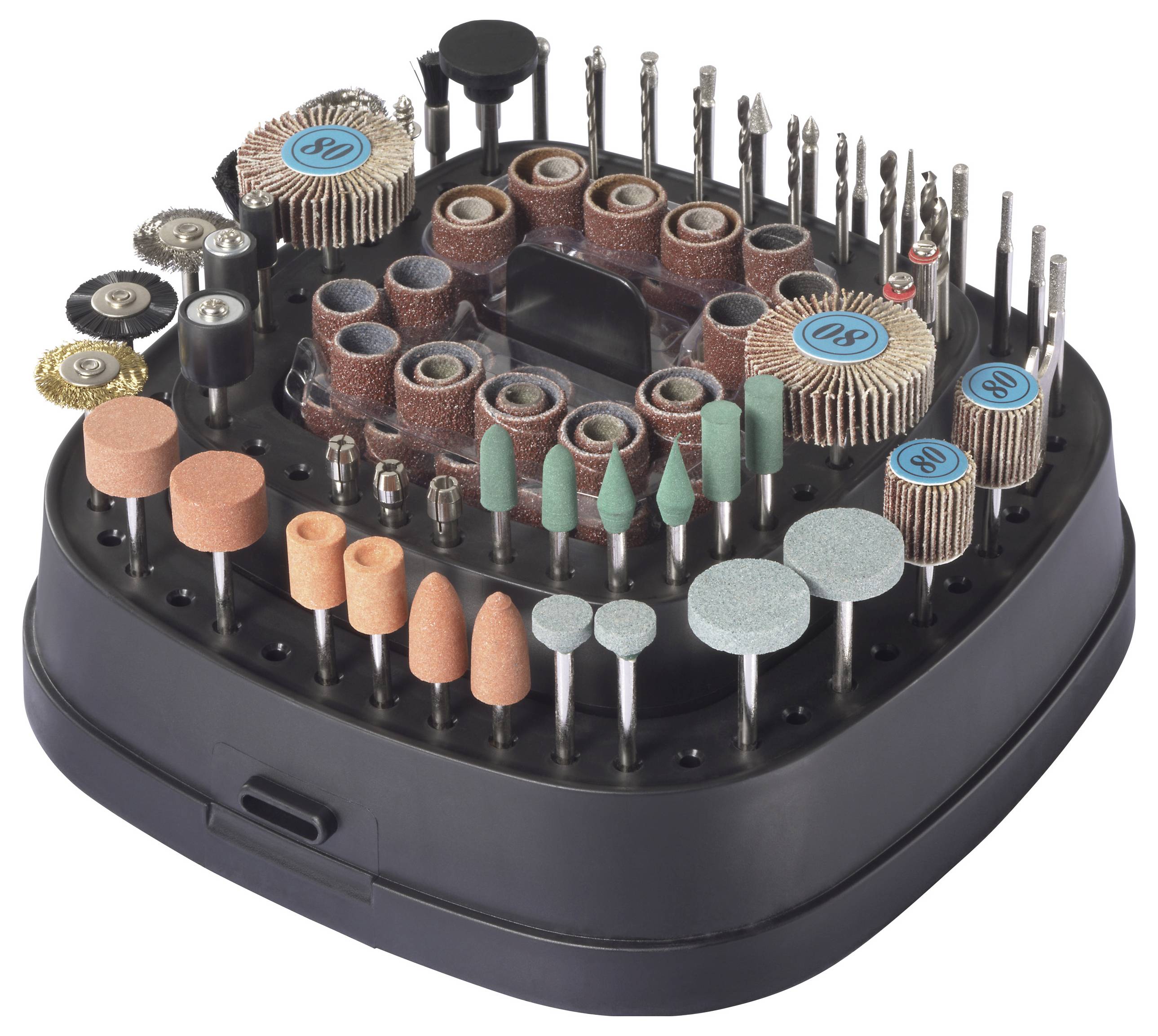 Verschiedene Rotationswerkzeug-Zubehörteile auf einem schwarzen Halter angeordnet, einschließlich Schleifbänder, Polierscheiben und Bohrern in unterschiedlichen Größen.