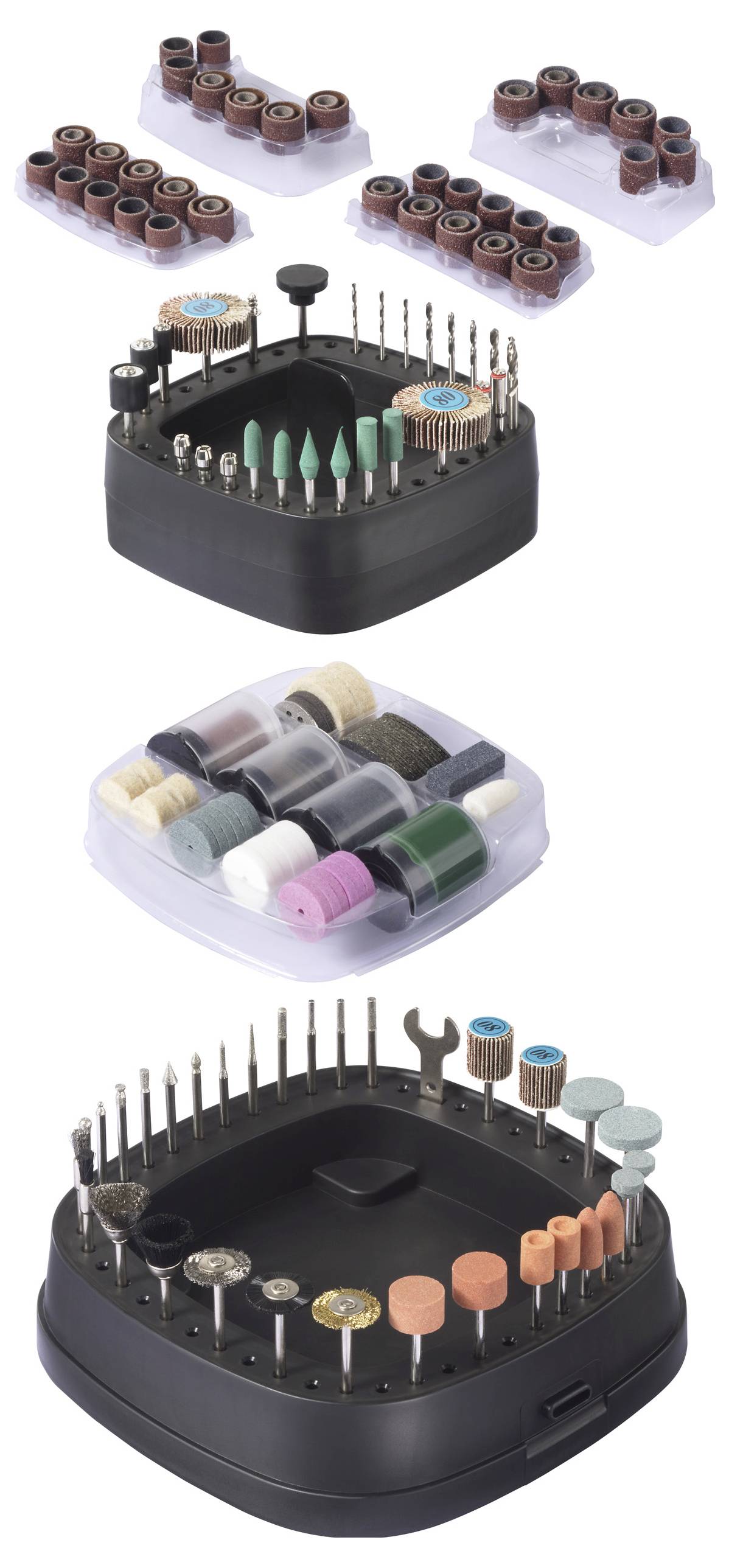 Eine Vielzahl von Zubehörteilen für Rotationswerkzeuge werden präsentiert, darunter Bohrbitze, Schleifbänder, Schleifsteine und Polierpads, die in Tabletts sortiert sind.