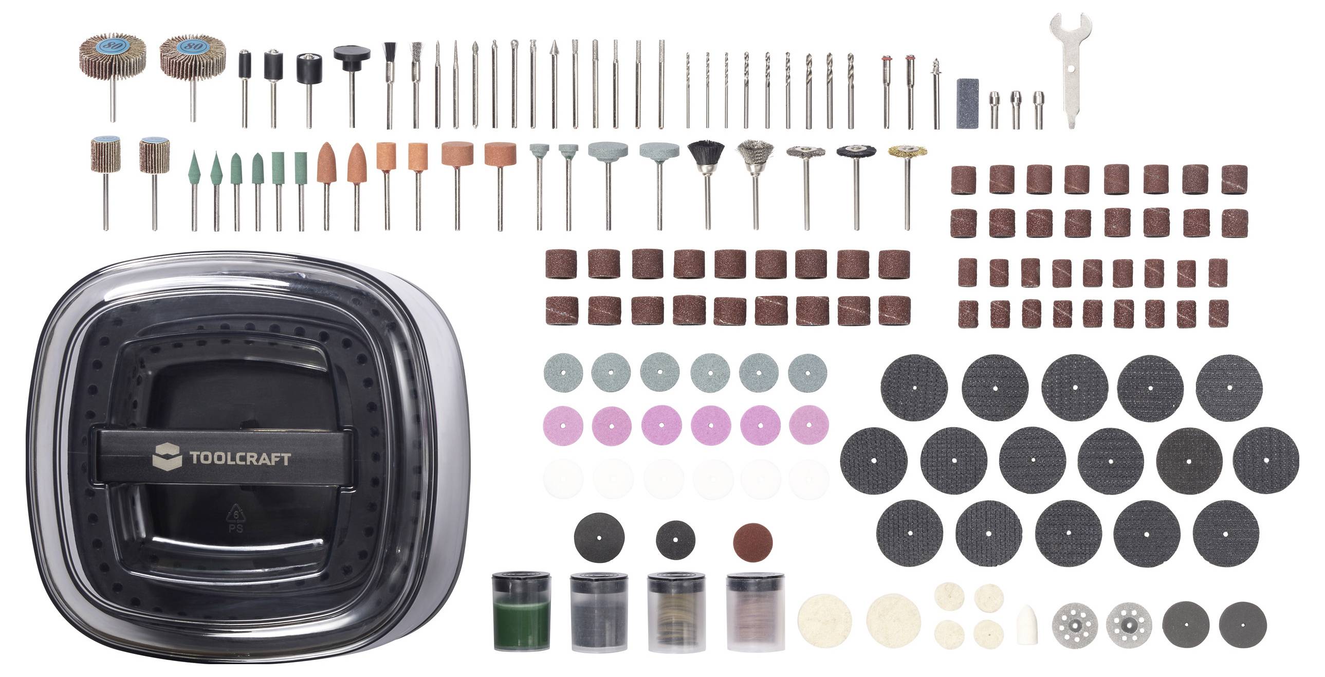 Ein Werkzeugset mit einem schwarzen Koffer auf der linken Seite, der verschiedene Bohrer, Schleifscheiben, Polierpads und andere kleine Werkzeuganbauteile enthält.