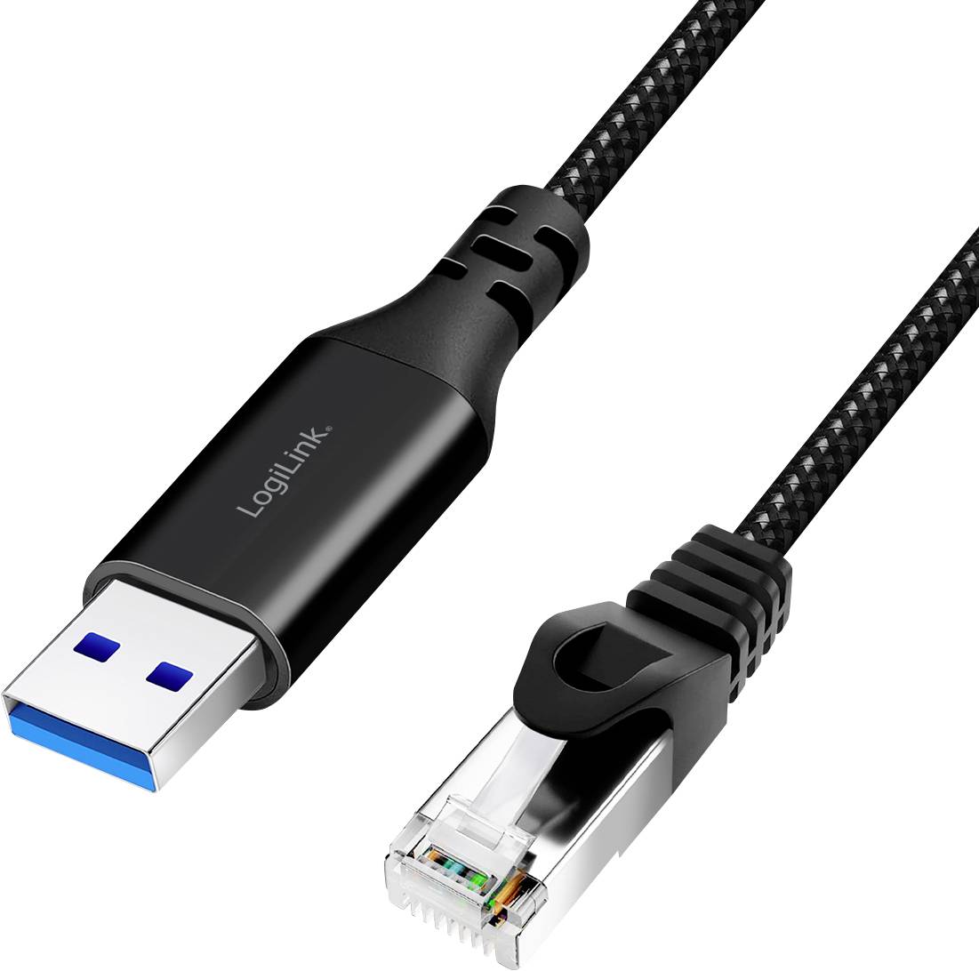 Ein schwarzes USB-3.0-auf-Ethernet-Adapterkabel mit blauen und metallischen Anschlüssen. Markenname 'LogiLink' aufgedruckt.