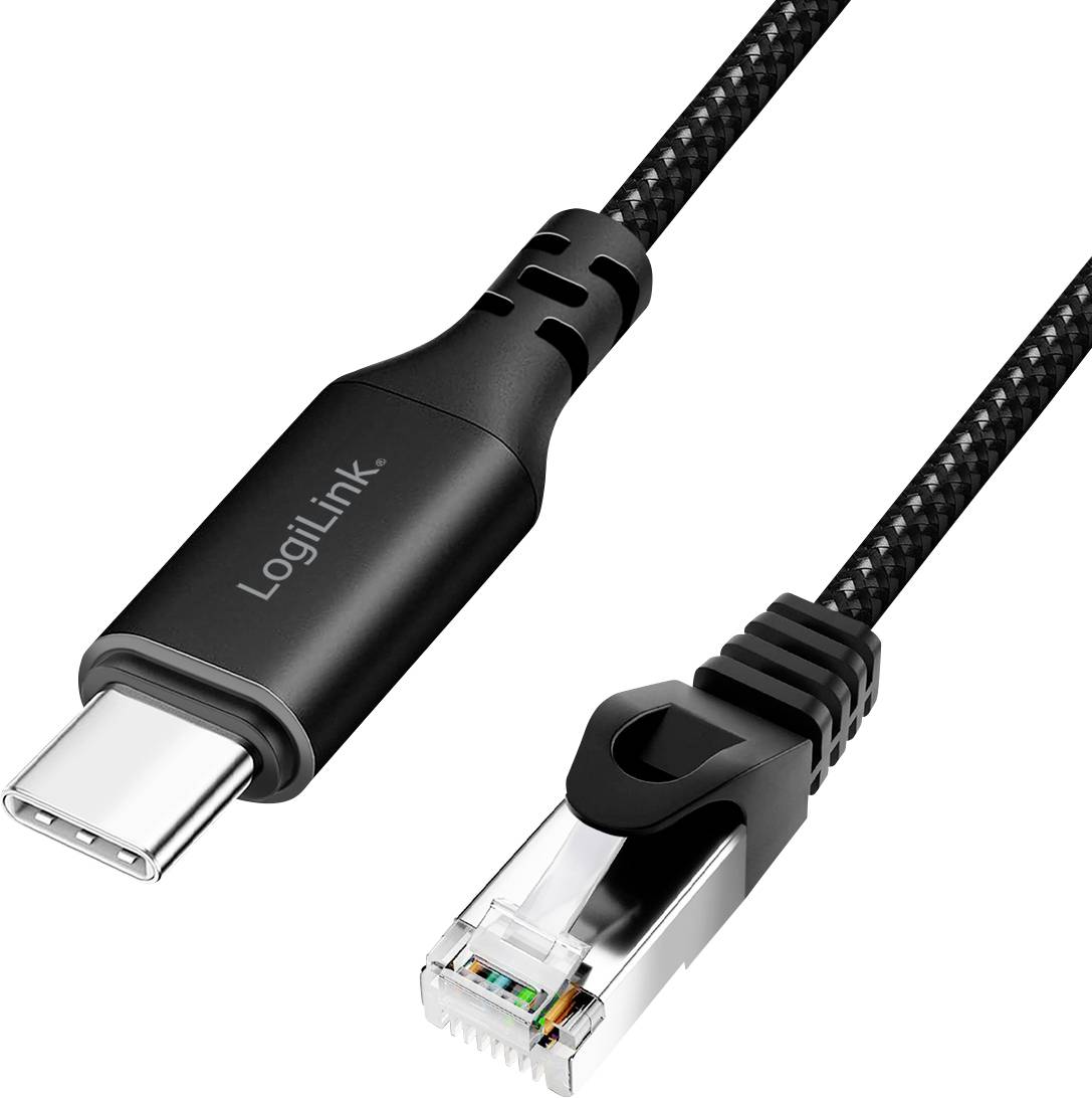 USB-C-zu-Ethernet-Adapterkabel. Linke Seite: USB-C-Anschluss. Rechte Seite: Ethernet-RJ45-Stecker. Kabel mit schwarzer Nylon-Ummantelung.