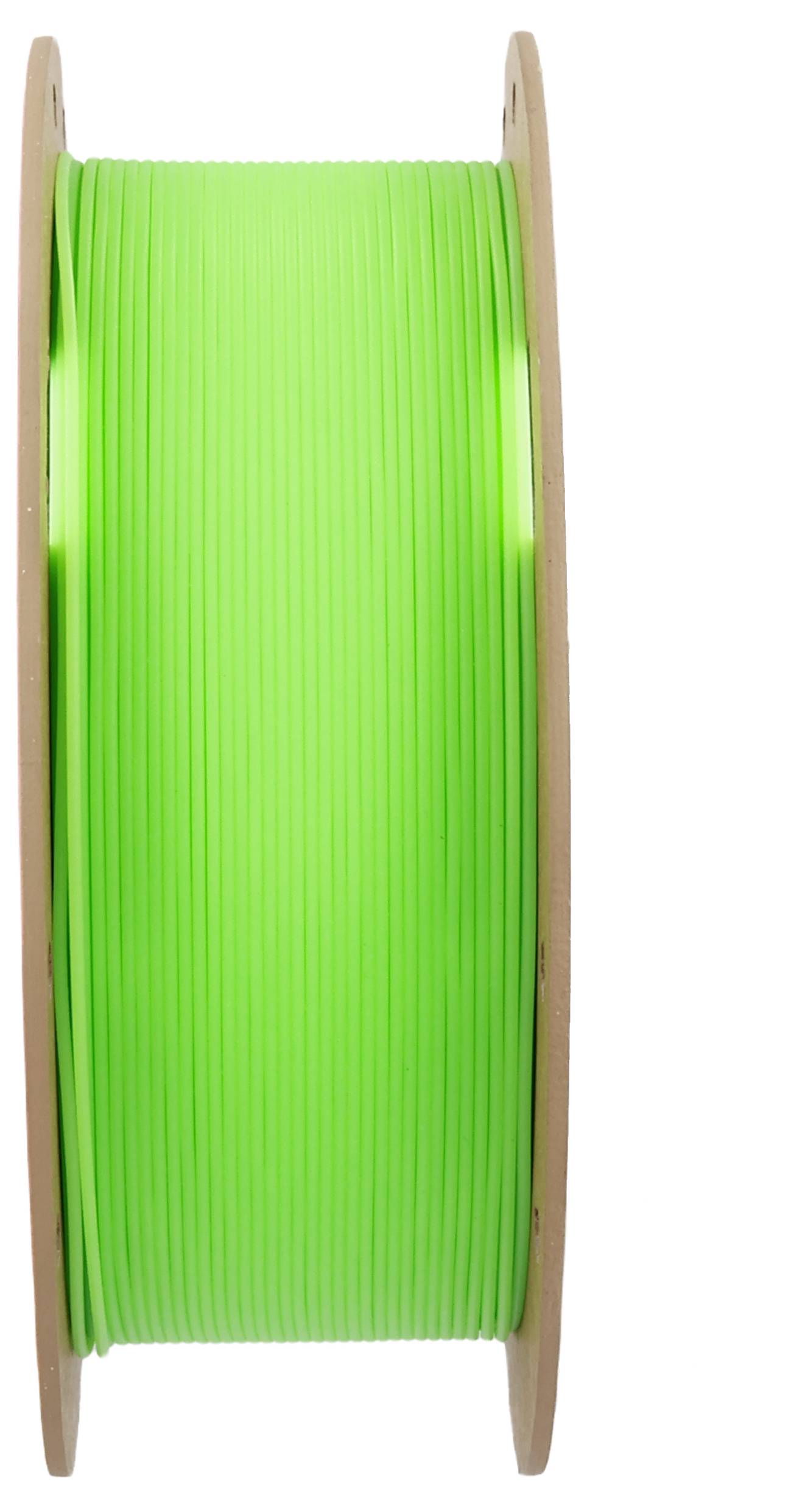 Eine Spule mit grünem 3D-Drucker-Filament, vertikal ausgerichtet.