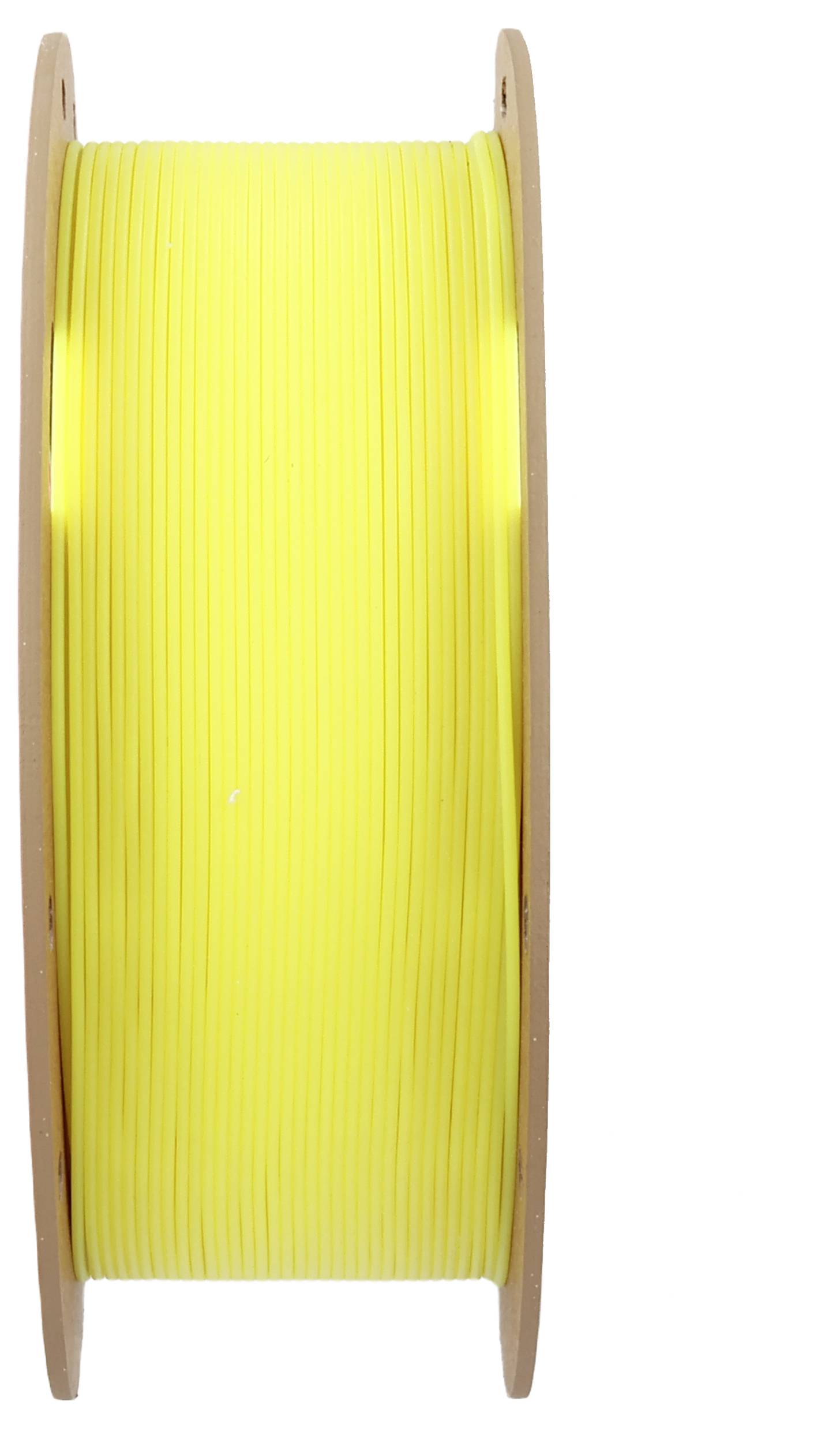 Gelbe 3D-Drucker-Filamentrolle, vertikal aufgestellt, zeigt die glatte, gleichmäßige Wicklung auf der Spule.