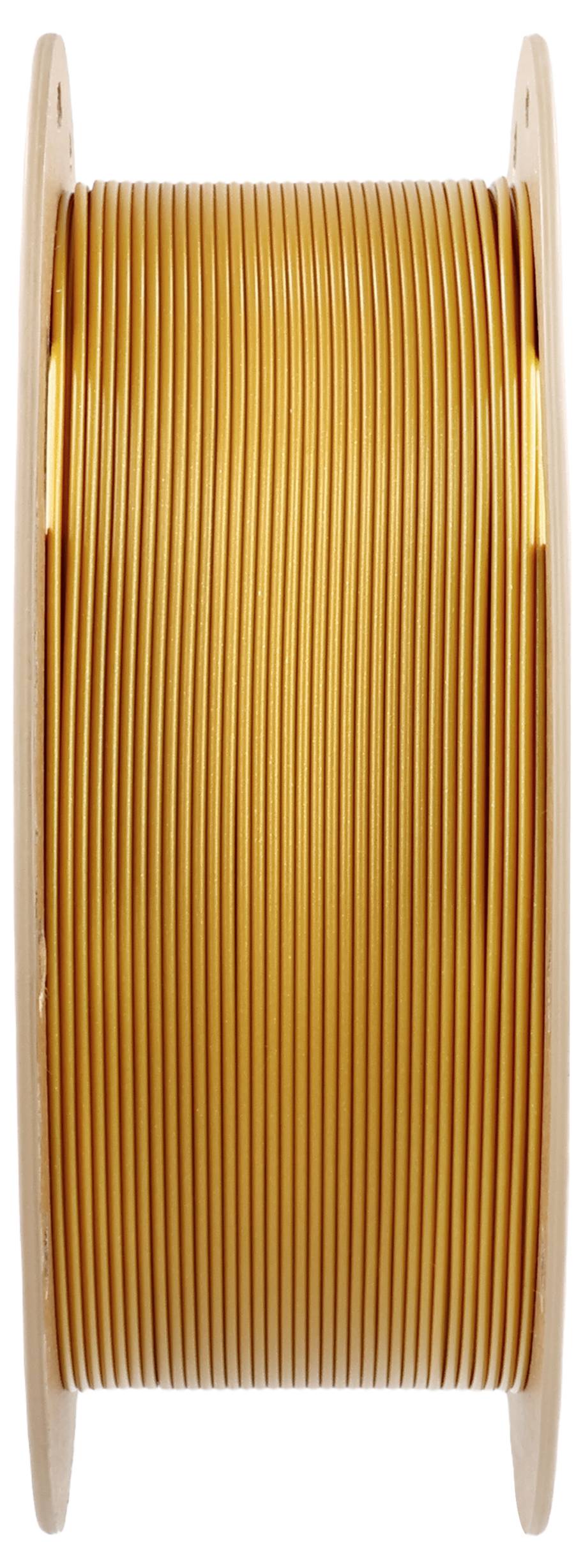 Eine Spule mit goldenem 3D-Druckerfilament.