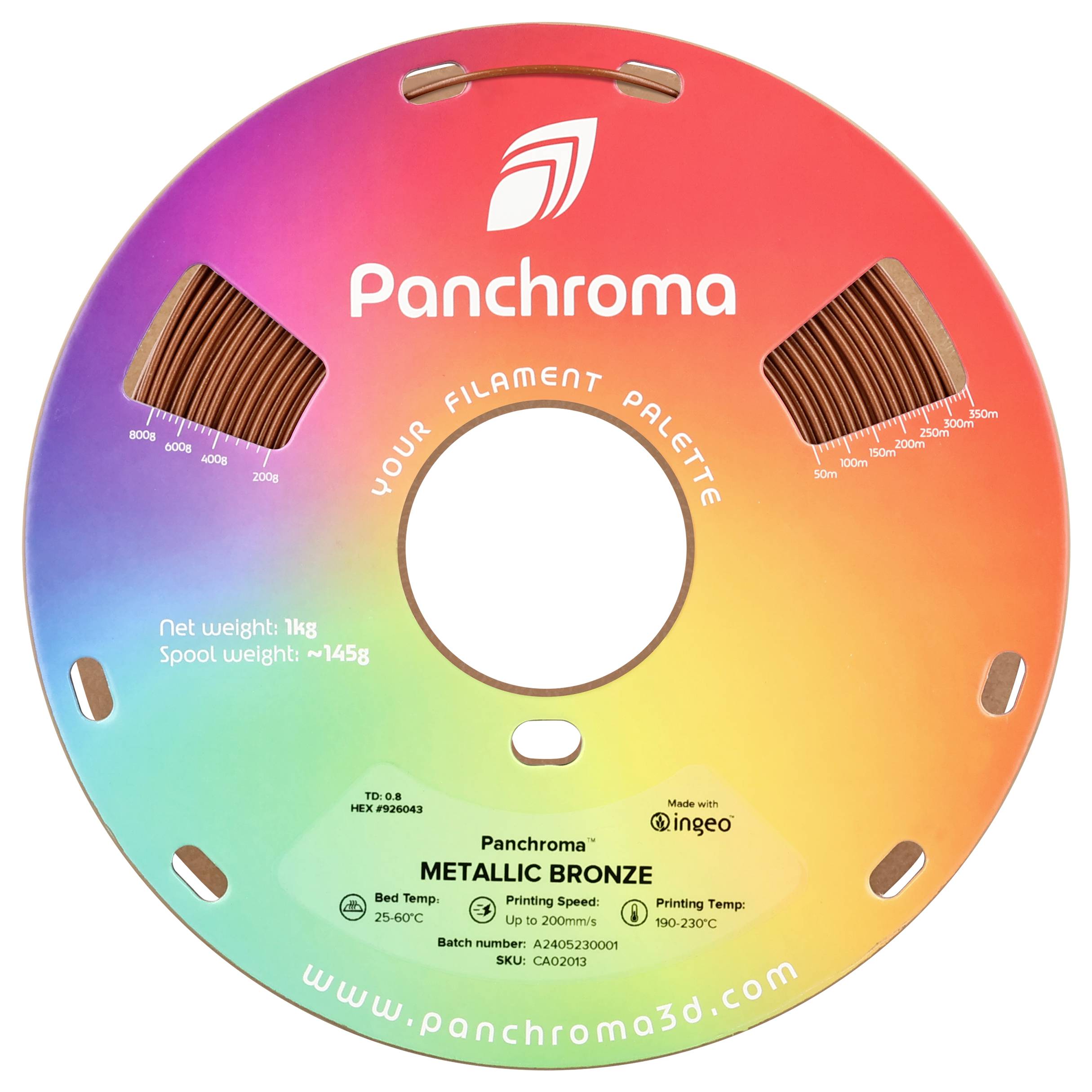 'Panchroma, Metallic Bronze Filament', Farbverlaufsscheibe mit spezifischen Gewichts- und Druckinformationen, 3D-Drucker-Spule.