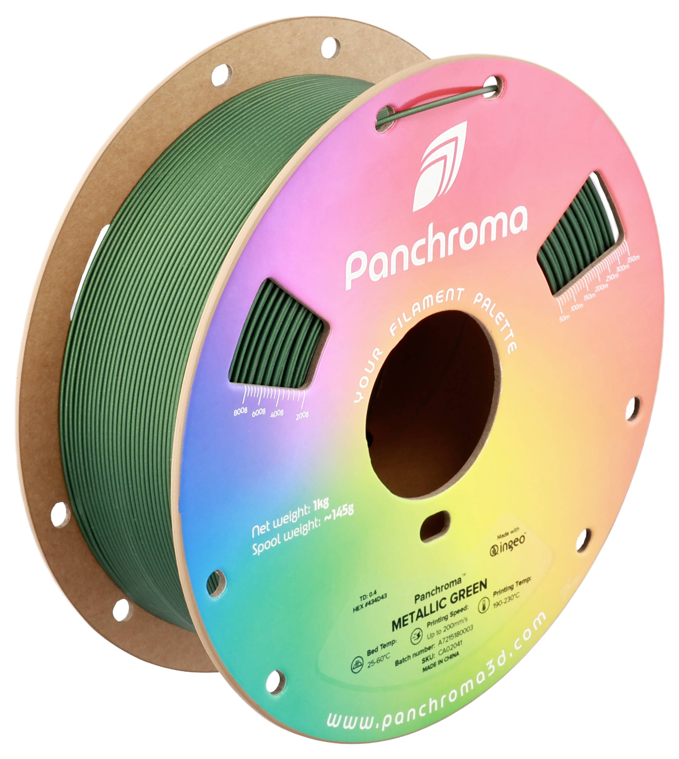 Spule mit grünem 3D-Druckfilament der Marke Panchroma. Etikett zeigt Gewicht '1kg' und die Farbe 'Metallic Green'.