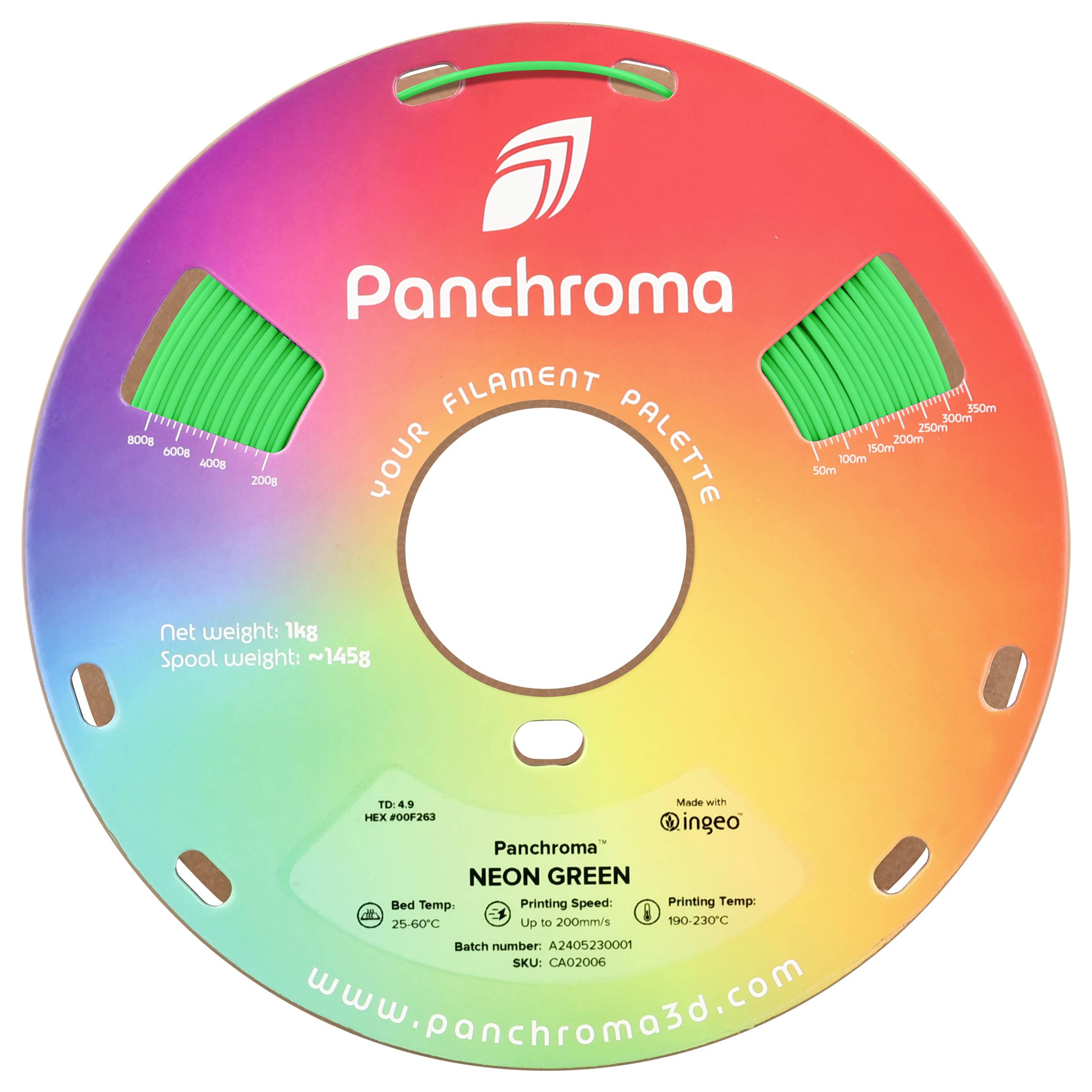 3D-Druckfilament-Spule in Regenbogenfarben mit Marke 'Panchroma' und Details zu Filamentgewicht '1kg' und Farbe 'Neon Green'.