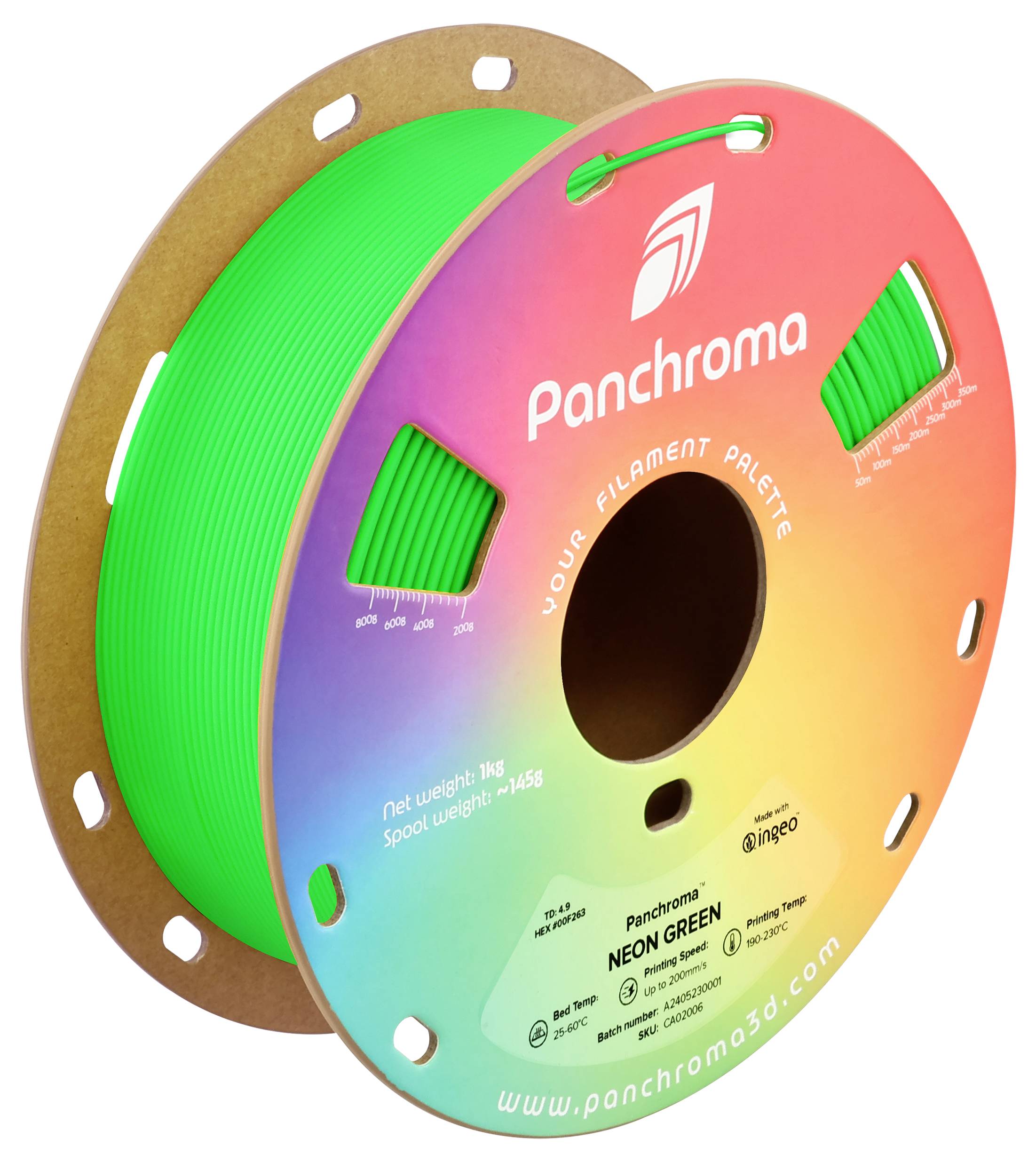 Eine Rolle grünes 3D-Druckerfilament von Panchroma. Label zeigt 'Neon Green', Nettogewicht 1 kg, Spulengewicht 145 g.