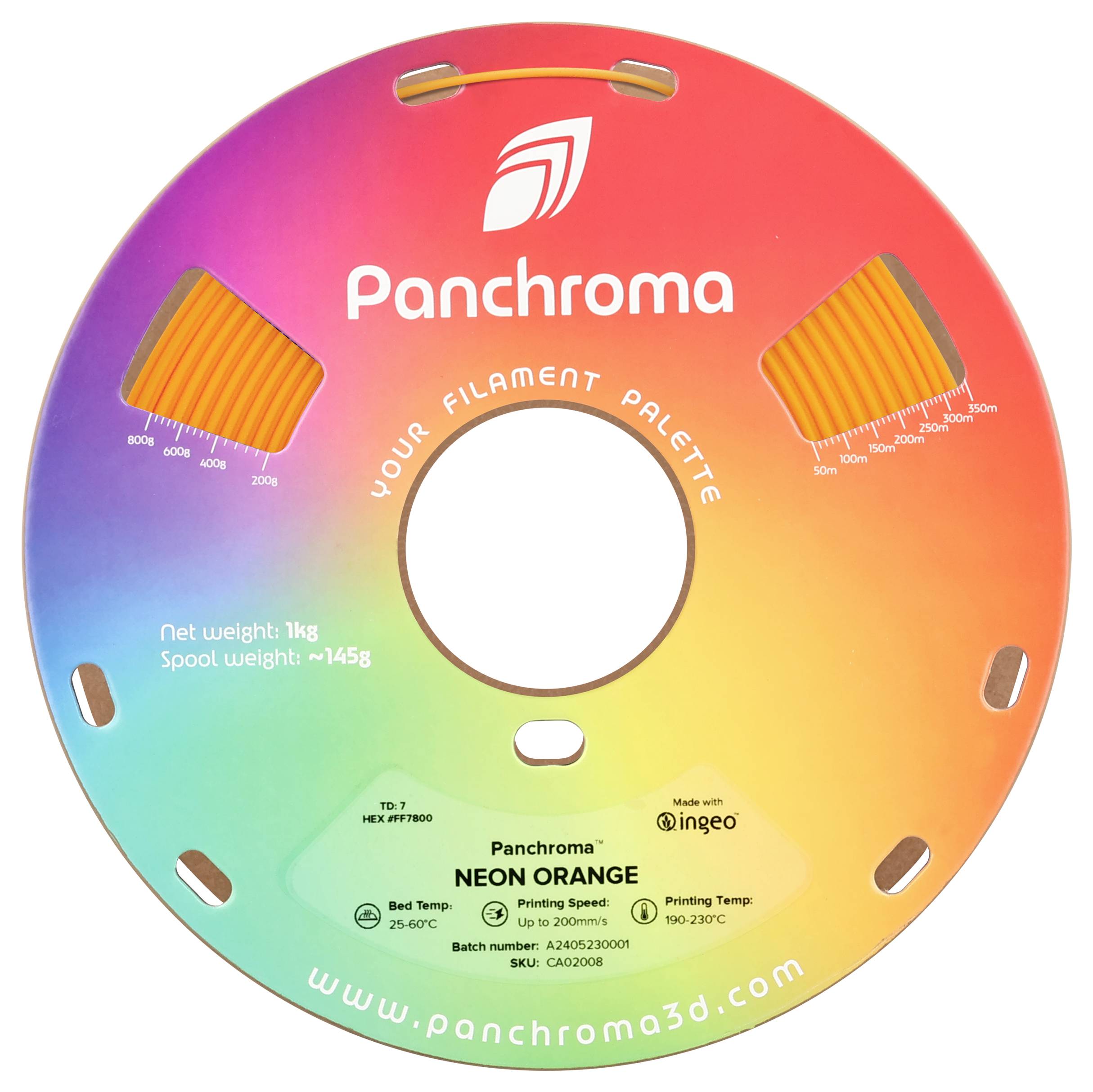 Kreisförmige Spule mit Regenbogenfarben und der Aufschrift 'Panchroma YOUR FILAMENT PALETTE'. Enthält Informationen zu Filamentgewicht und Drucktemperatur.