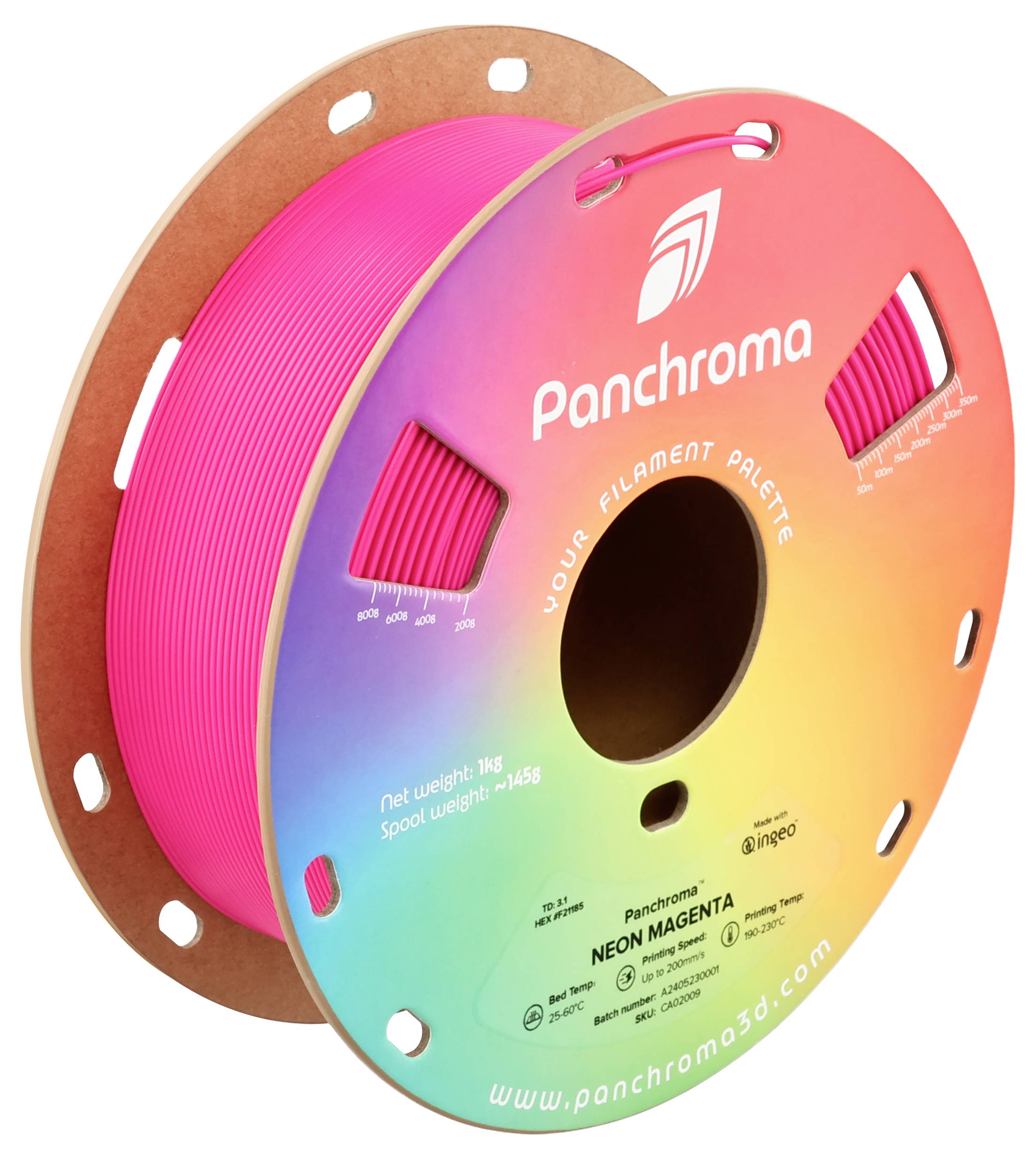 Eine Rolle 3D-Druck-Filament der Marke Panchroma in Neon-Magenta. Die Rolle zeigt das Logo und Gewichtsangaben des Herstellers.