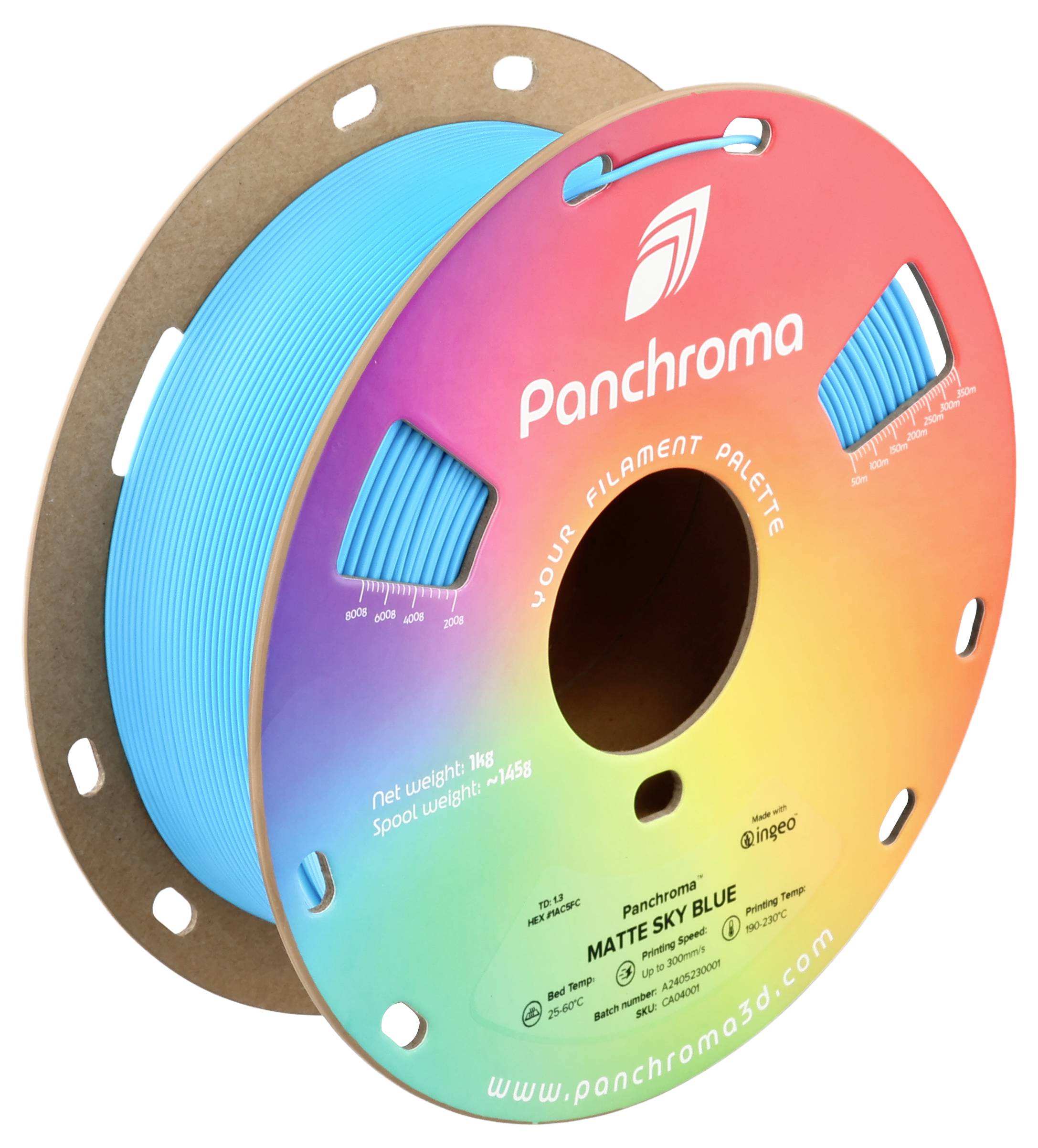 Rolle mit leuchtend blauem 3D-Drucker-Filament von Panchroma, beschriftet mit 'MATTE SKY BLUE'. Gewicht 1 kg.