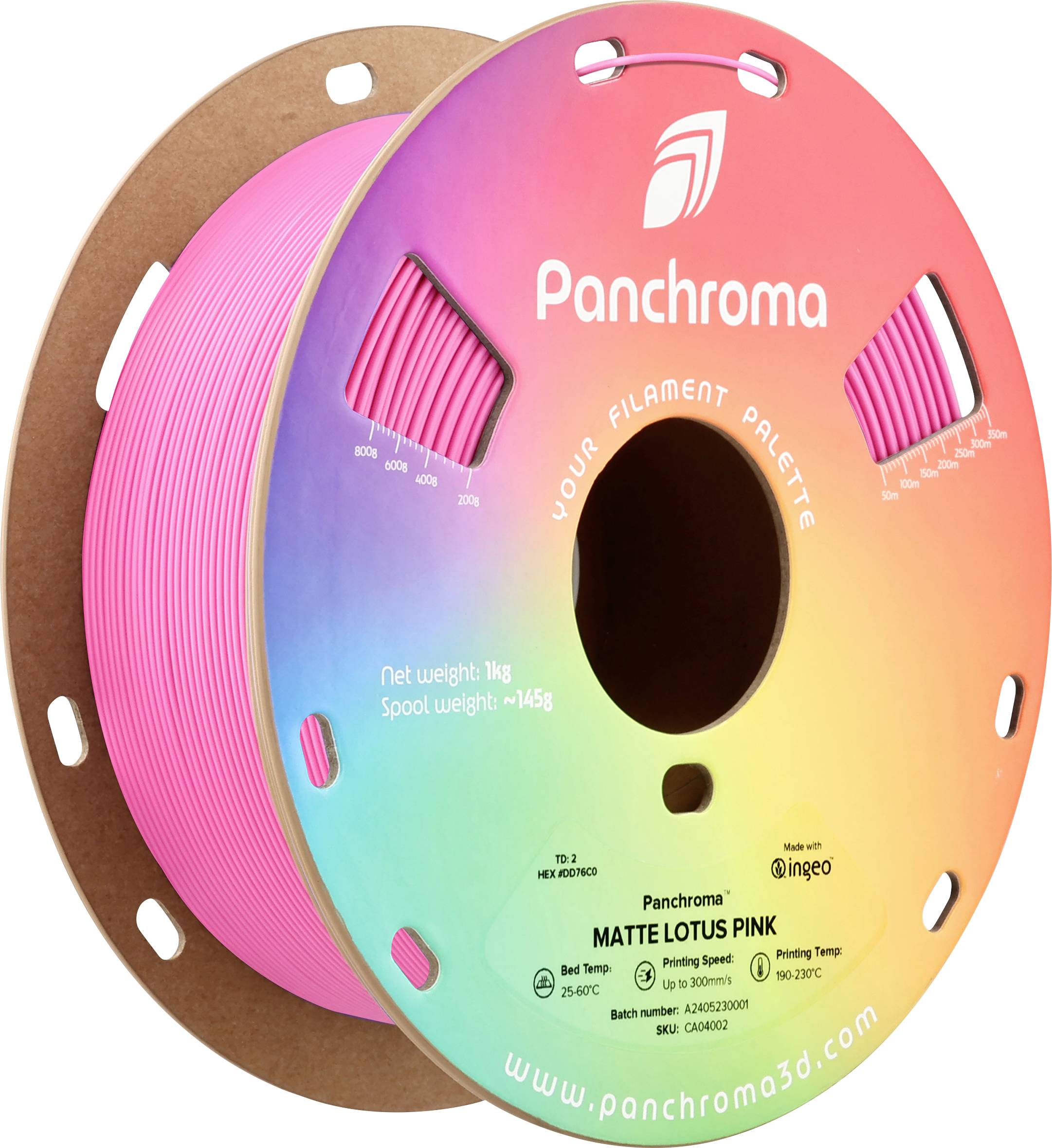 Rolle rosa 3D-Drucker-Filament von Panchroma, Gewicht 1 kg, Modell 'Matte Lotus Pink'. Geeignet für Heizbett 60-75°C, Düse 200-230°C.