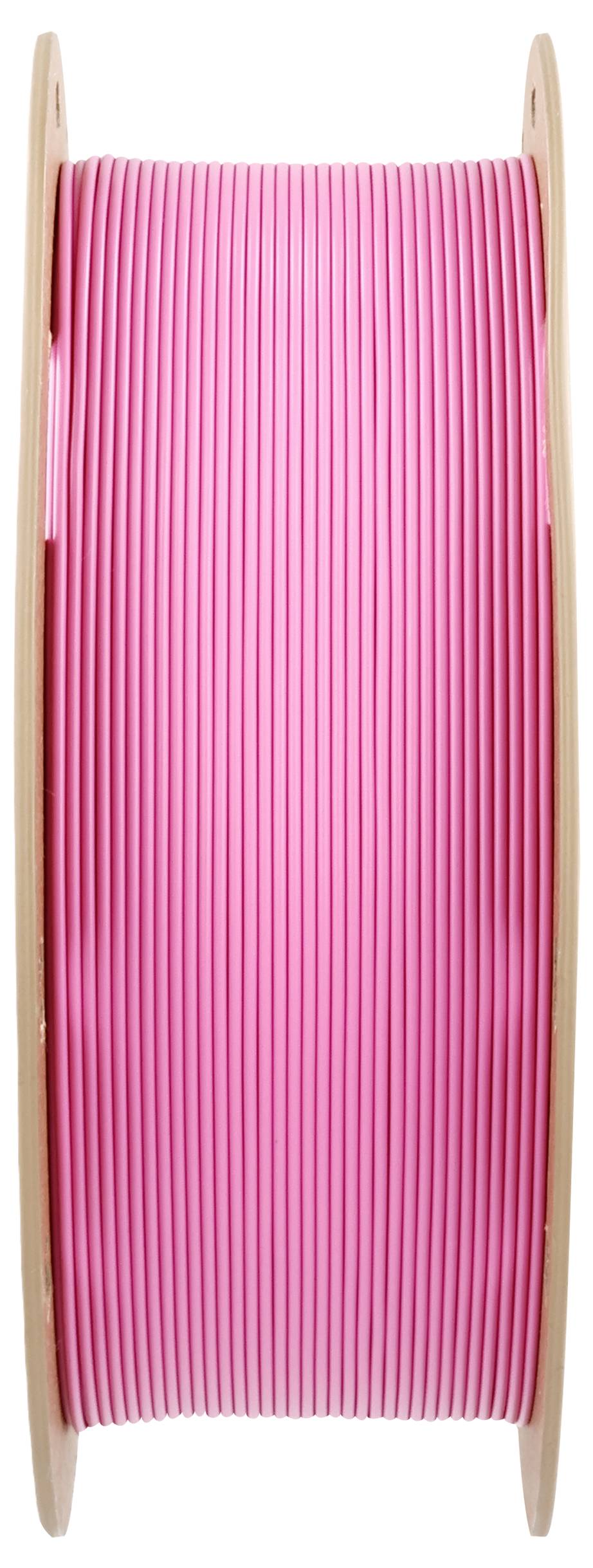 Eine Rolle mit pinkem Filament für 3D-Drucker, vertikal aufgestellt, zeigt die gleichmäßige Wicklung des Materials.