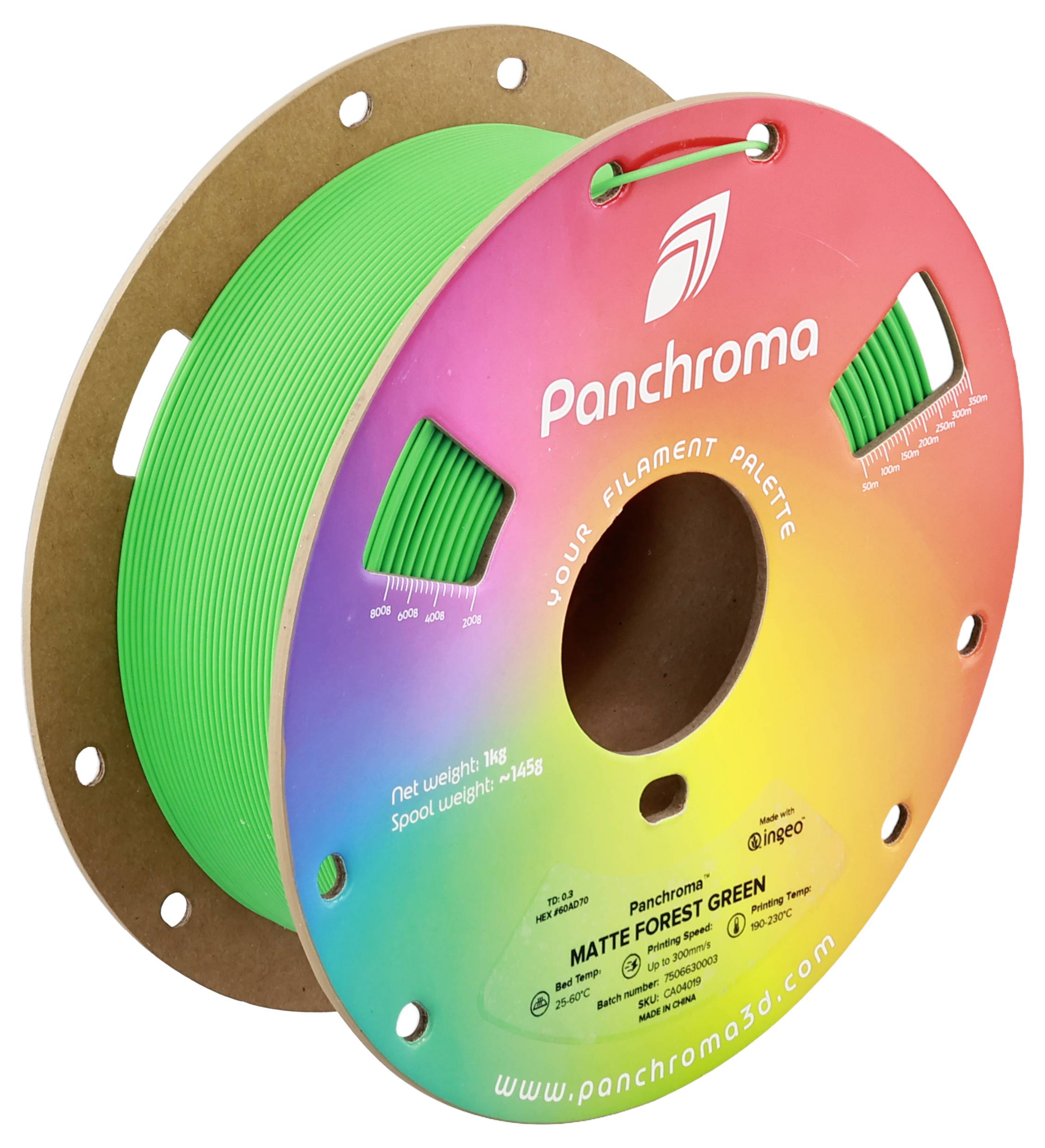 Eine Rolle grünes 3D-Druckfilament mit dem Markennamen 'Panchroma' auf farbenfrohem Etikett, Gewicht 1 kg, Typ Matte Forest Green.