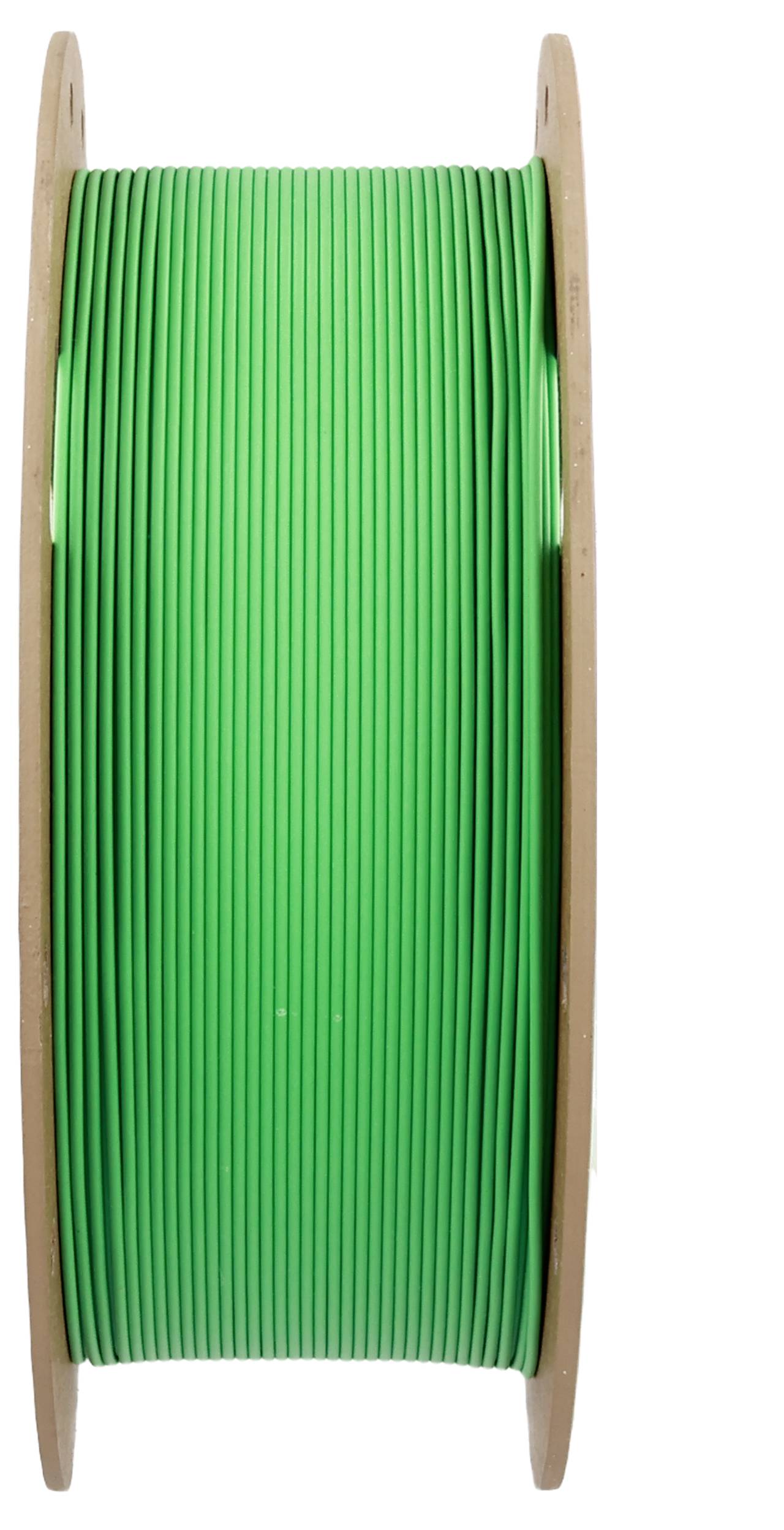 Grüne Kabelrolle mit Holzspulen, vertikal aufgestellt.