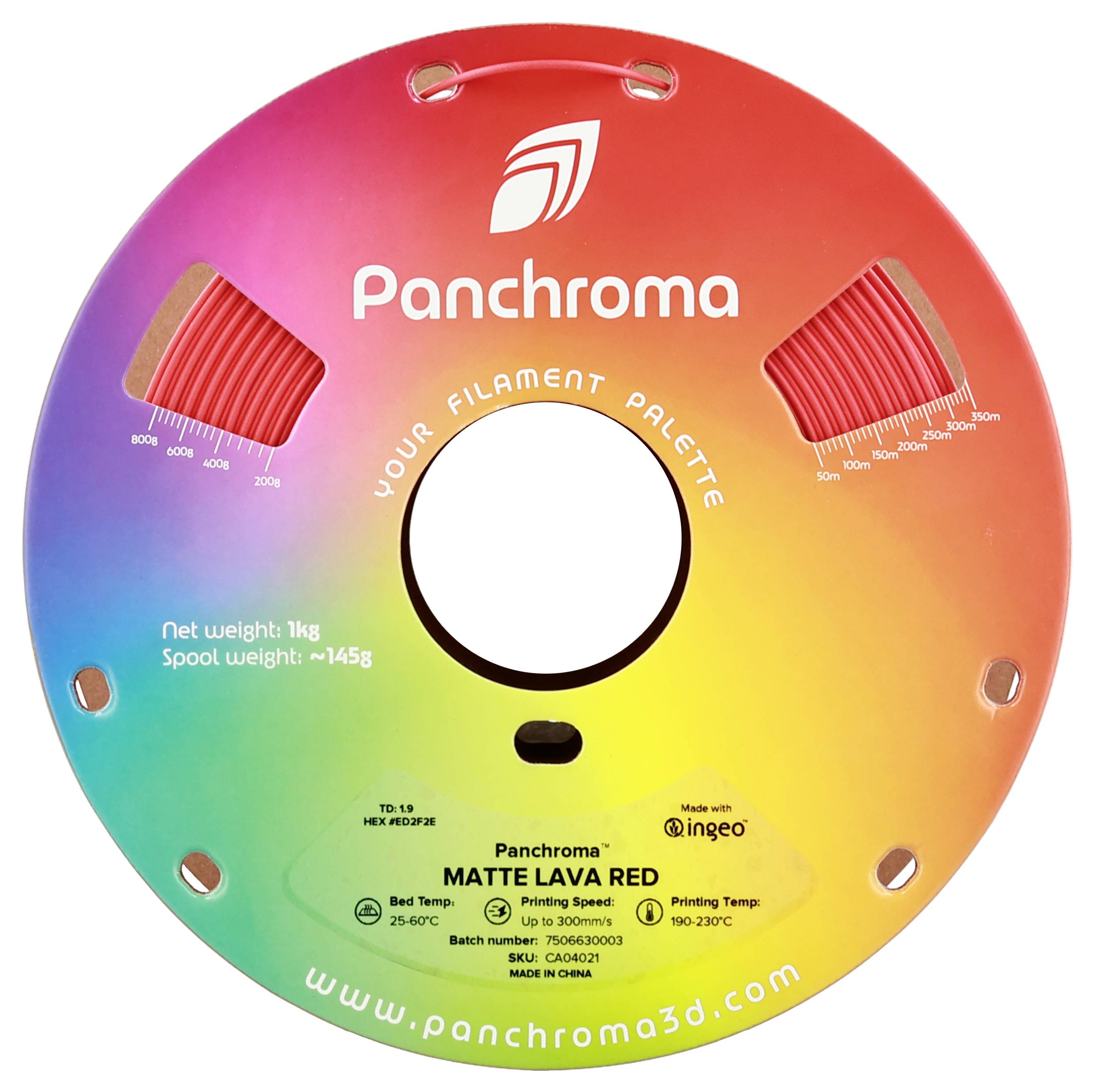 Runde Spule mit bunter Farbverlaufsgrafik und Aufschrift 'Panchroma Matte Lava Red'. Zeigt Filamentdetails und Kontaktdaten.