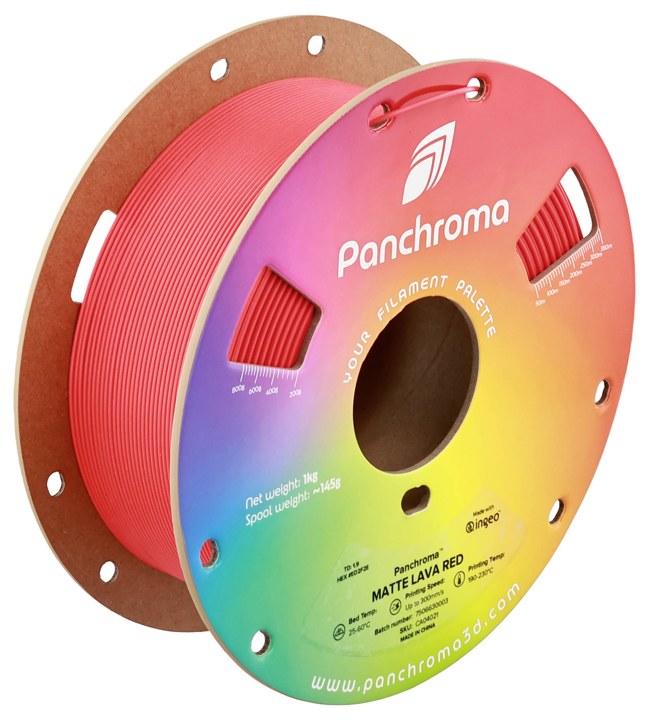 Rolle aus rotem 3D-Drucker-Filament von Panchroma auf einem Kartonspulenkern.