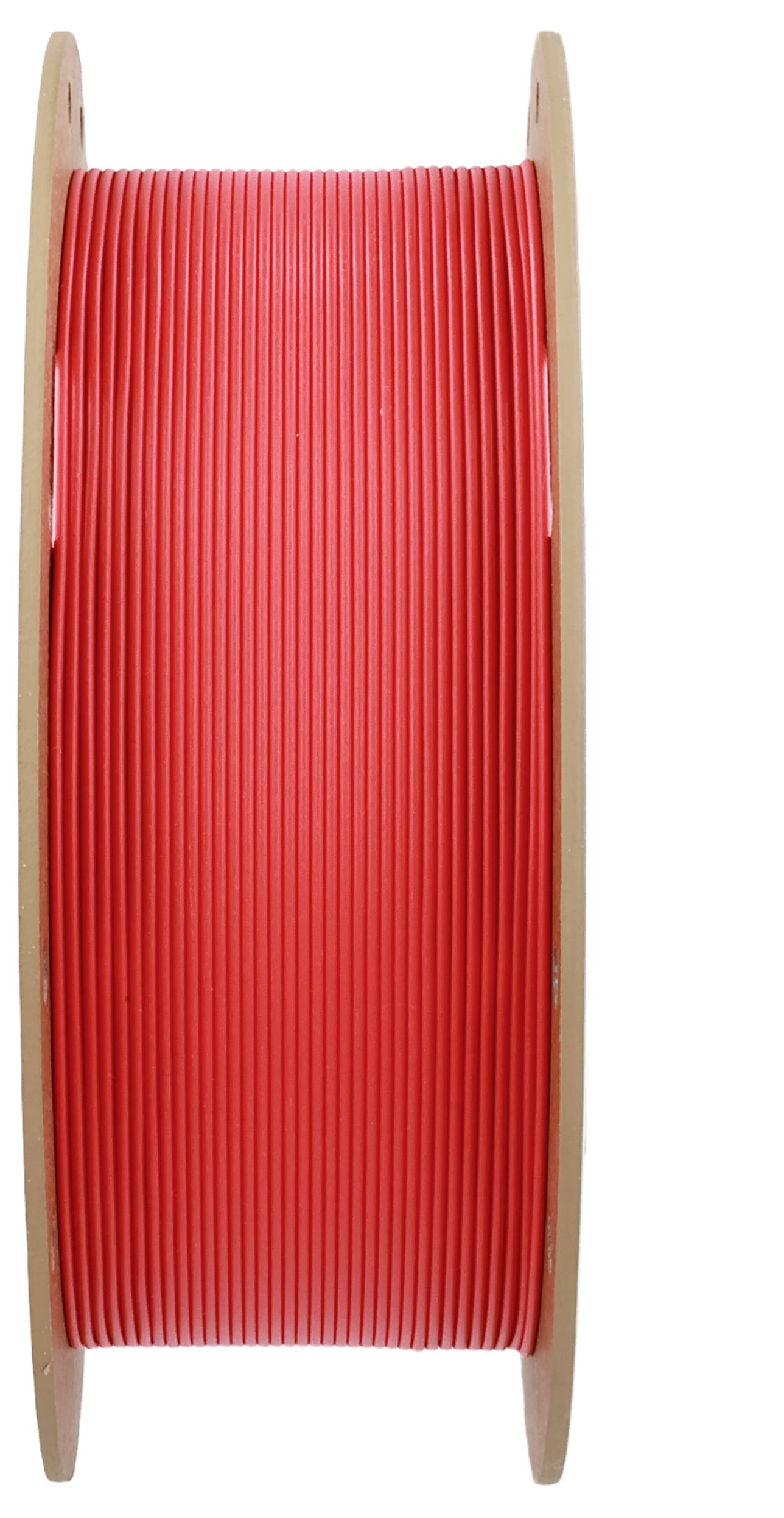 Spule mit rotem Filament für 3D-Drucker, vertikal stehend.