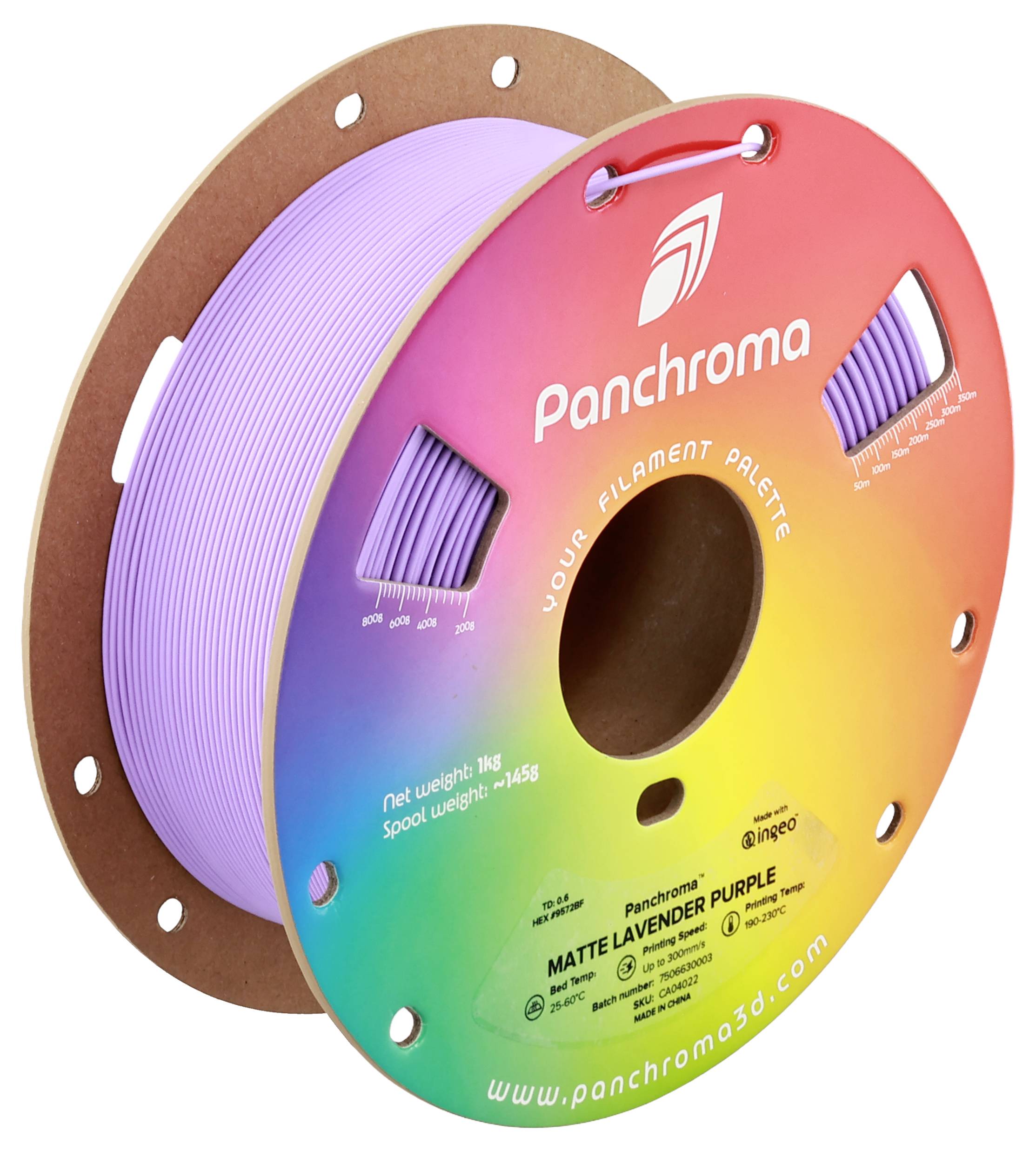 Spule mit 3D-Drucker-Filament in lila. Bunte Verpackung mit 'Panchroma' Logo. Gewicht 1kg, Filament-Beschreibung: 'Matte Lavender Purple'.