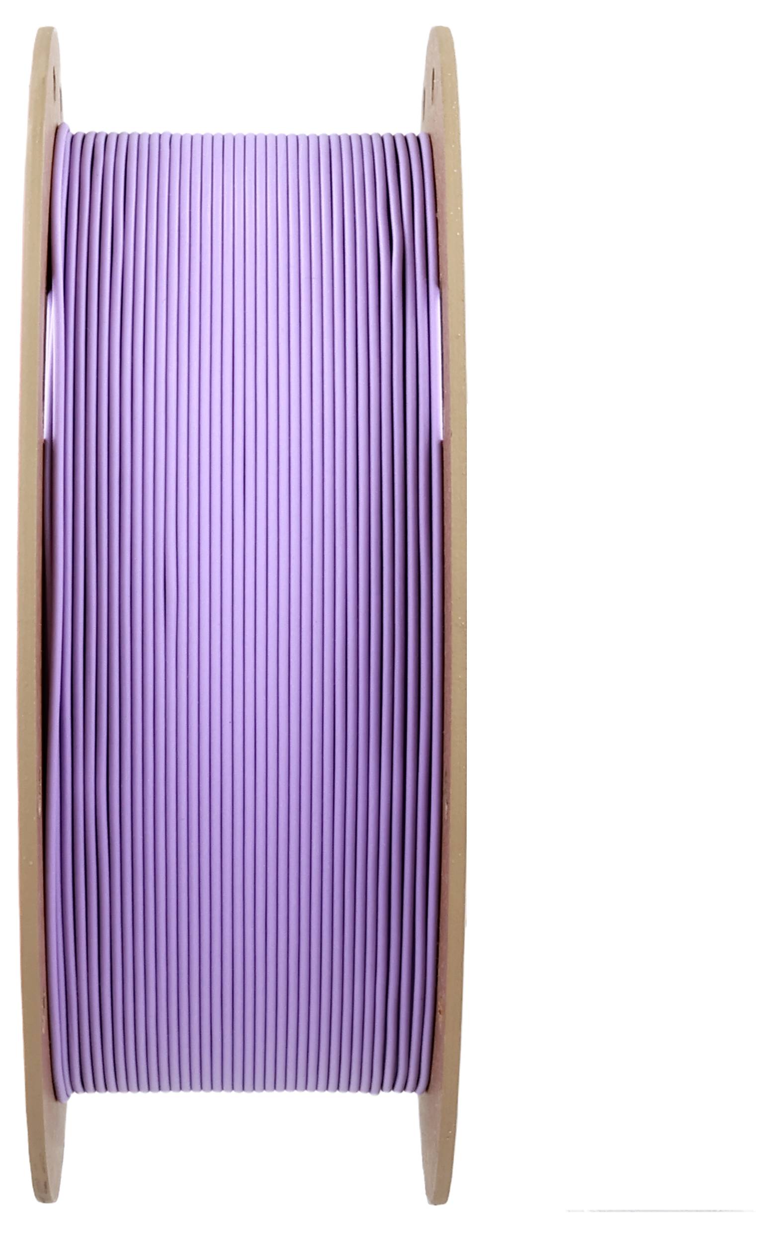 Eine Holzspule mit lila Kunststoffkabel aufgewickelt, vertikal ausgerichtet.