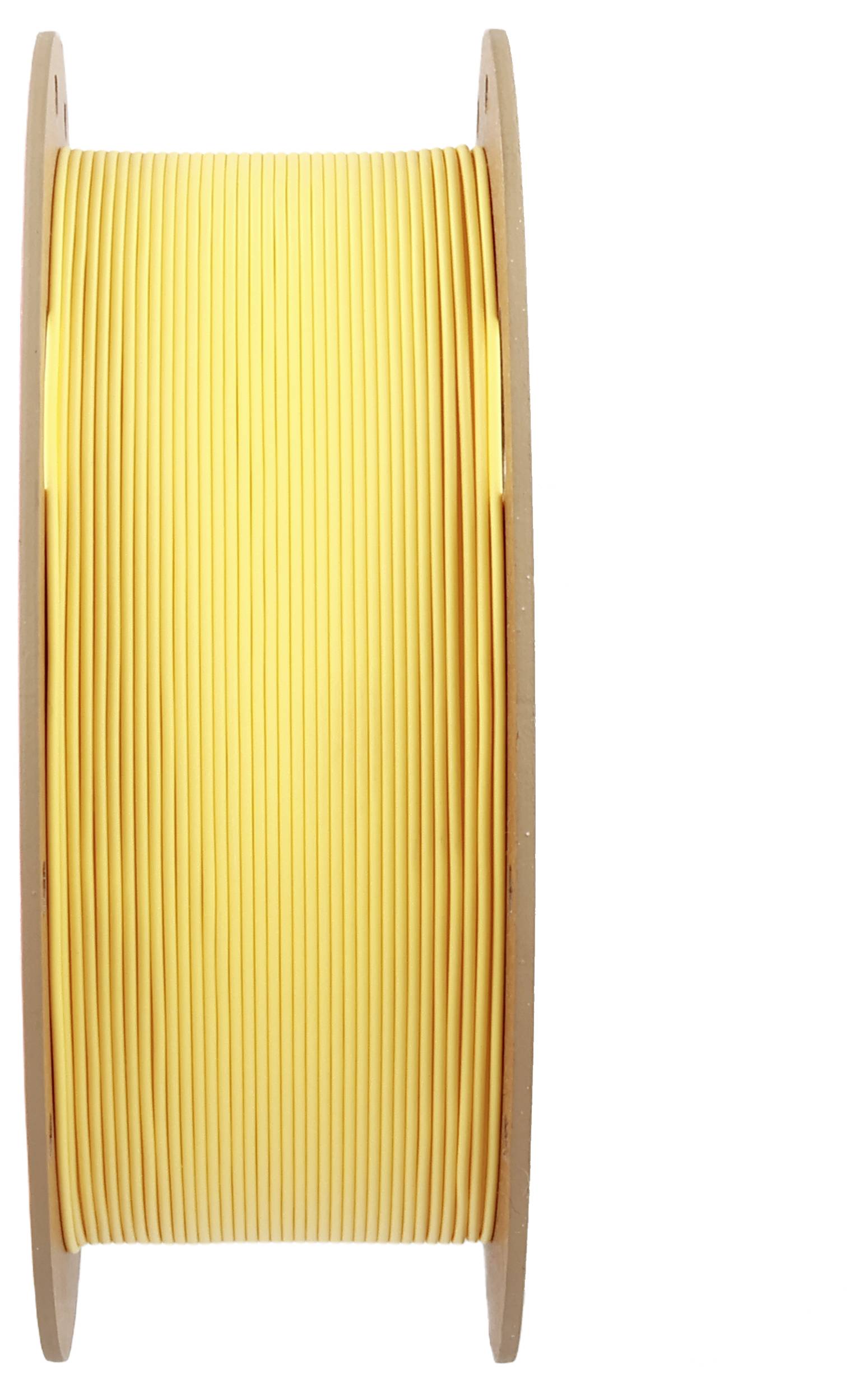 Eine gelbe Kabelrolle, aufrecht stehend, zeigt das um die Spule gewickelte Kabel. Geeignet für Elektroinstallationen.